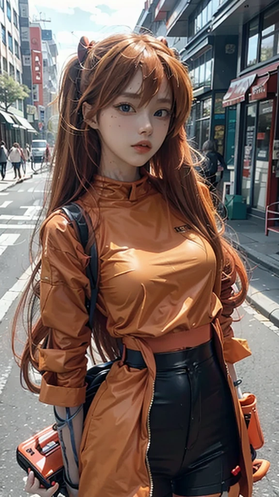 Asuka Langley Evangelion, a stunning woman, confidently using her phone on a vibrant city street in trendy attire.