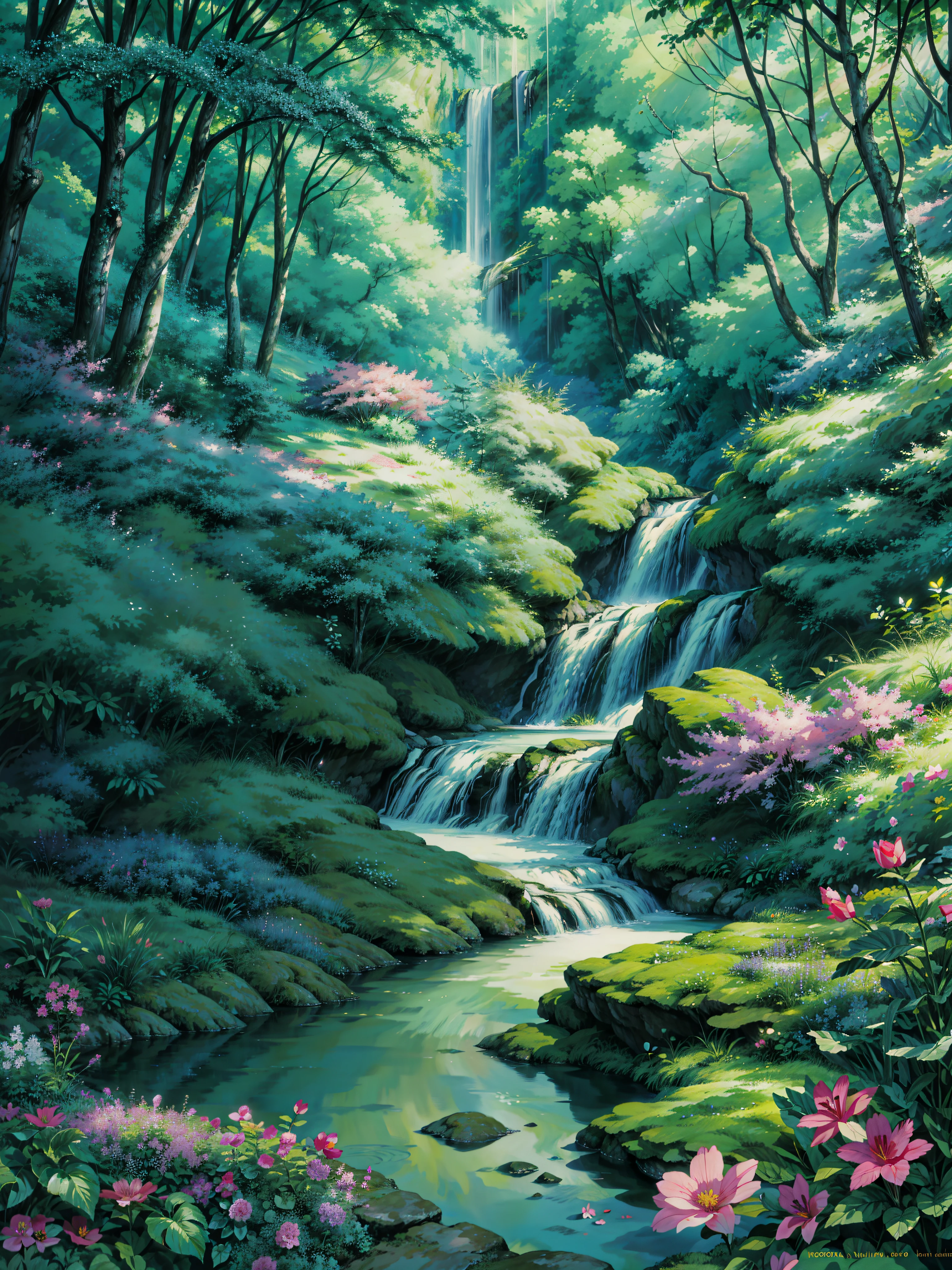 a stream running through a lush green forest, gentle sparkling forest stream, flowers and waterfalls, nature wallpaper, anime nature wallpap, stream of love and happiness, by mark keathley, water stream, babbling brook, peaceful beautiful waterfall, anime nature, small water stream, magical forest backround, vast lush valley flowers, dream scenery art, lush trees and flowers, 4k hd,, beautiful art uhd 4 k, a beautiful artwork illustration, beautiful digital painting, highly detailed digital painting, beautiful digital artwork, detailed painting 4 k, very detailed digital painting, rich picturesque colors, gorgeous digital painting