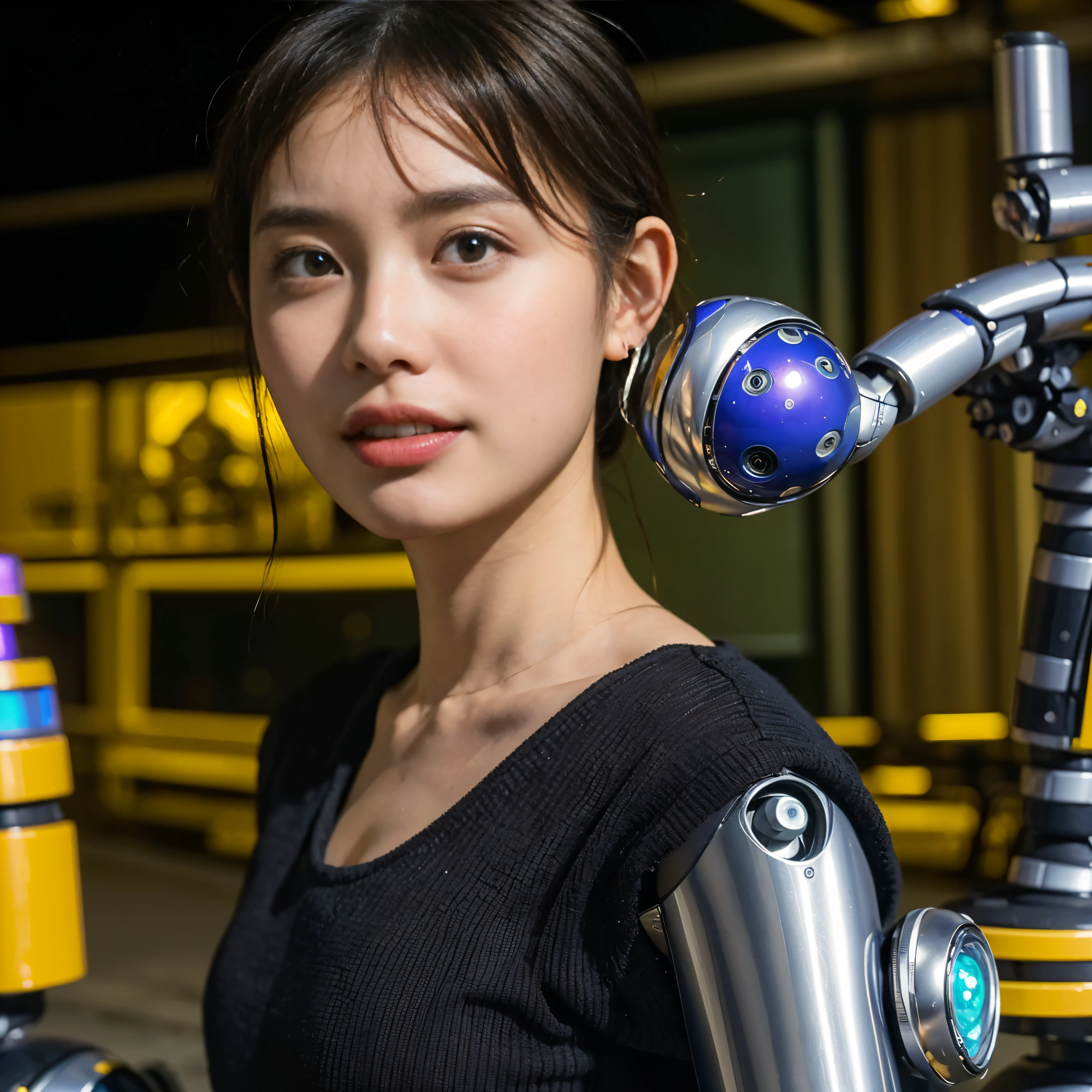 (highest quality、4k、8k、High resolution、masterpiece: 1.2)、Super detailed、(real、photorealistic、photorealistic: 1.37)、Dystopia、Future、robot、Jellyfish type、mechanical、collapse、Dramatic destruction、mechanical、 metallic、huge、aggression、controlled、background、garden、One beautiful young woman、Wearing a futuristic suit that perfectly accentuates her elegant figure、Standing in front of an audience、Her beautifully detailed eyes、beautiful detailed lipass destruction of jellyfish-shaped robots controlled by aggressors:1.7)、The chaotic cityscape behind her