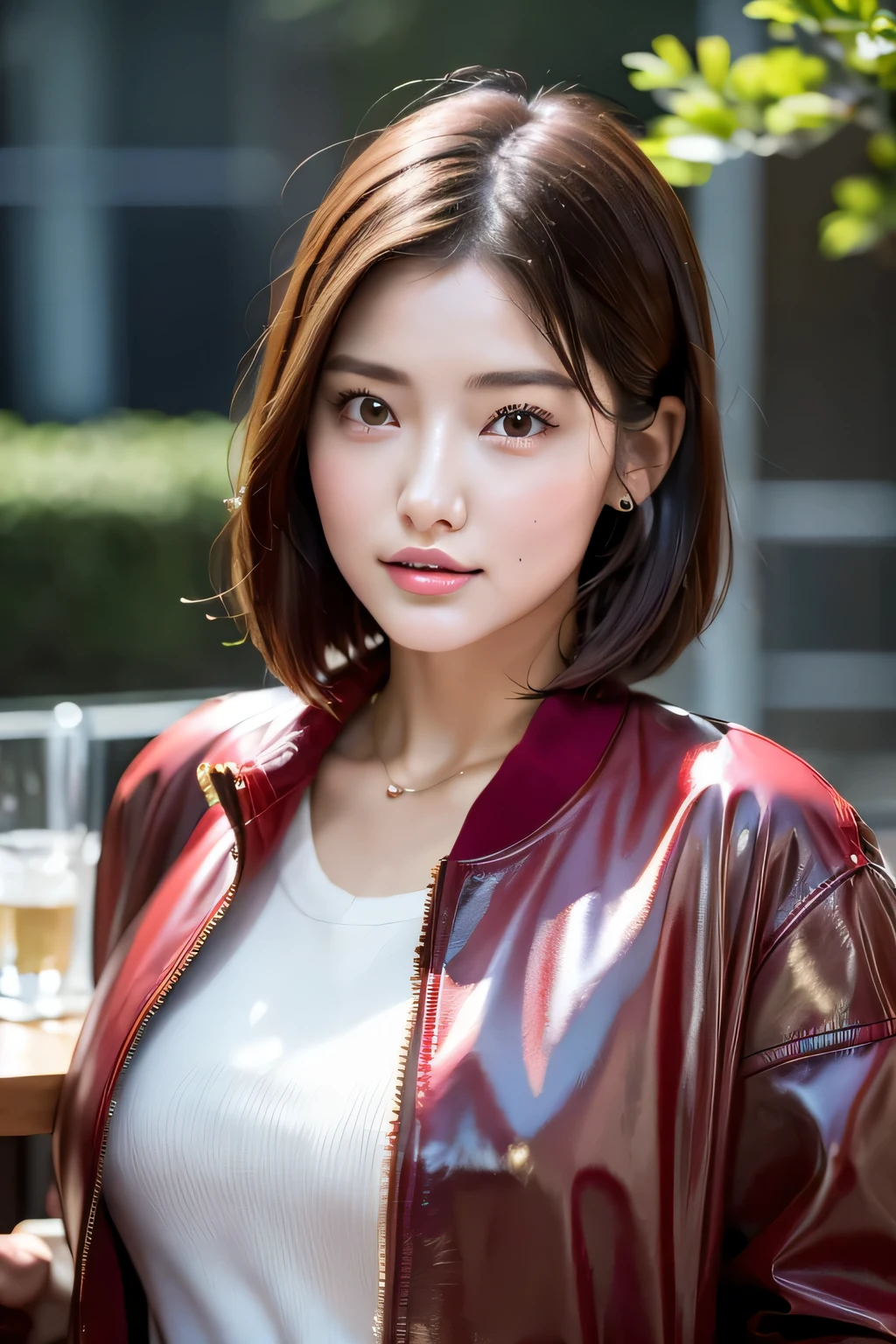 A girl alone in the rain、cheeks turn red、look at the audience、heavy rain、big breasts、(Top Gun Jacket:1.7).open jacket、I don't have an umbrella、under the rain、girl without an umbrella、wet face,wet skin、wet body、wet costume、wet hair、flower、hairpin、necklace、Looking up from under the earrings、written boundary depth、pointed red mouth、(Reddish brown wet shiny short hair 21.7),red mouth,clavicle、beautiful fingers、hourglass body、full body portrait、cute wet face、digital illustration,single lens reflex camera, (Photoreal:1.3),(Raw photo.), (table top,highest quality,Ultra high resolution output image,) (8K quality,),(Image mode Ultra HD,),(Image mode Ultra HD)、