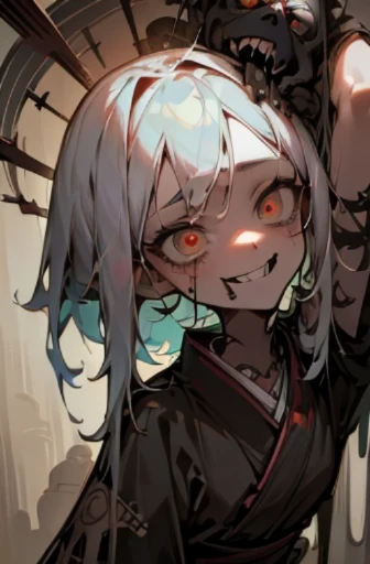 masterpiece, portrait, high quality, best quality, 8k, RTX,
1girl,
briar, multicolored hair, white hair, pink hair, gray skin, short hair, messy hair,sharp teeth, pointy ears, pussy, (black kimono:1.5), pelvic curtain, androgynous,
<lora:Briav2-lol:0.55>, sitting,