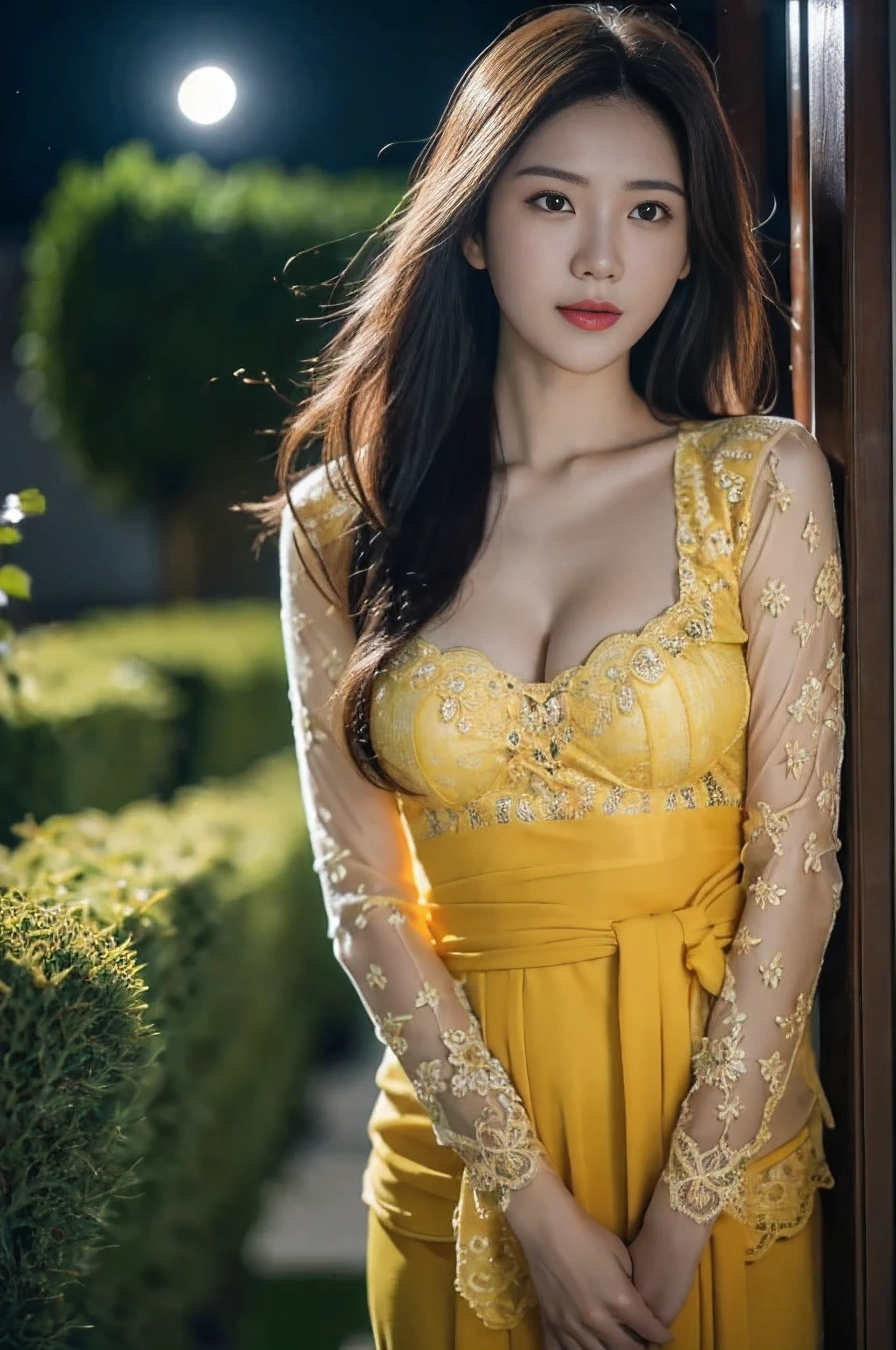 8k, best quality, Medium close-up, (yellow kebaya )、(luxury kebaya ),(top-quality,masterpiece:1.3,超A high resolution,),(ultra-detailliert,Caustics),(Photorealsitic:1.4,RAW shooting,)Ultra-realistic capture,A highly detailed,high-definition16Kfor human skin, fringe hair, Cute and lovely Korean girl, realistic, ultra detail, photo realistic, Increase quality,
standing in a garden with a scarf, garden, (large breast), (cleavage ), close-up shot, mouth,dark-haired, long hair, (depth of fields、chromatic abberation、Wide range of lighting、Natural Shading、)、(Exterior light at night:1.4)、(Hair swaying in the wind:1.2).