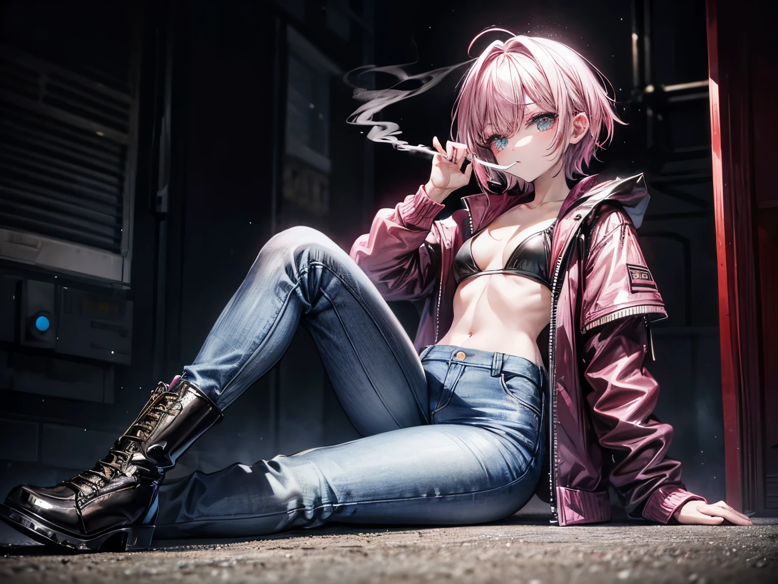 smoking girl, dark street, night time, pink hair, short hair, long jacket, jacket over her shoulders, small girl, small legs, she's 20, she's wearing jeans, she's wearing combat boots, she's wearing a white bra, she's in extase, she's enthousiast, ambient smoke, ambient smoke everywhere, straight haired, beautiful women, small hips, laying