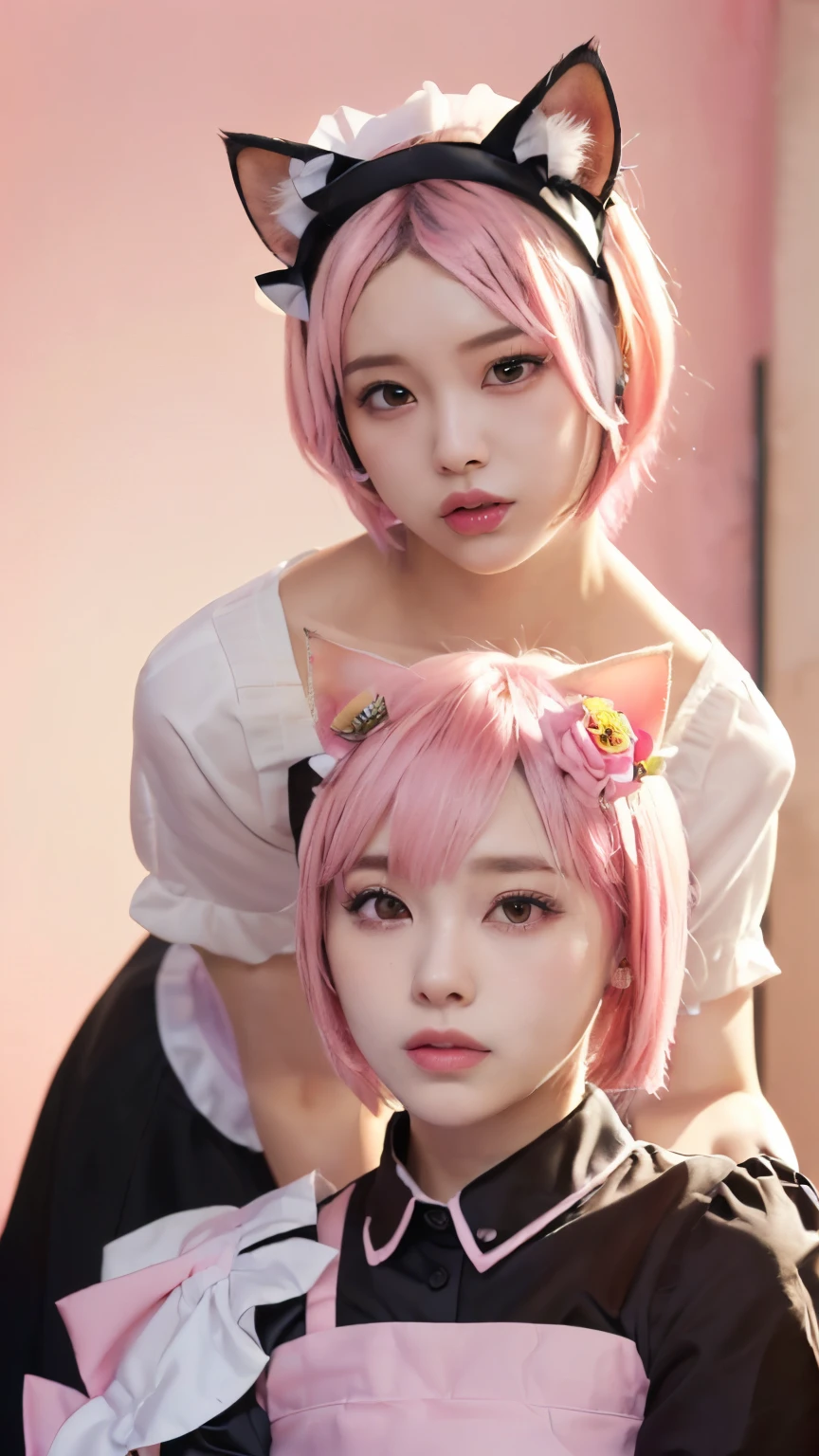 (Emo art:1.6), masterpiece, 4k, Bokeh, high school girls, (Multiple girls:1.6), (Group photo:1.5), beautiful face,  (Cat ears:1.3), (pink bob hair:1.6) , (Japanese idol:1.6), Blushed face, (Pink maid costume :1.4), looking at the viewer, closeup, 
 (Pink background :1.4), (Pink rose millor room:1.6)