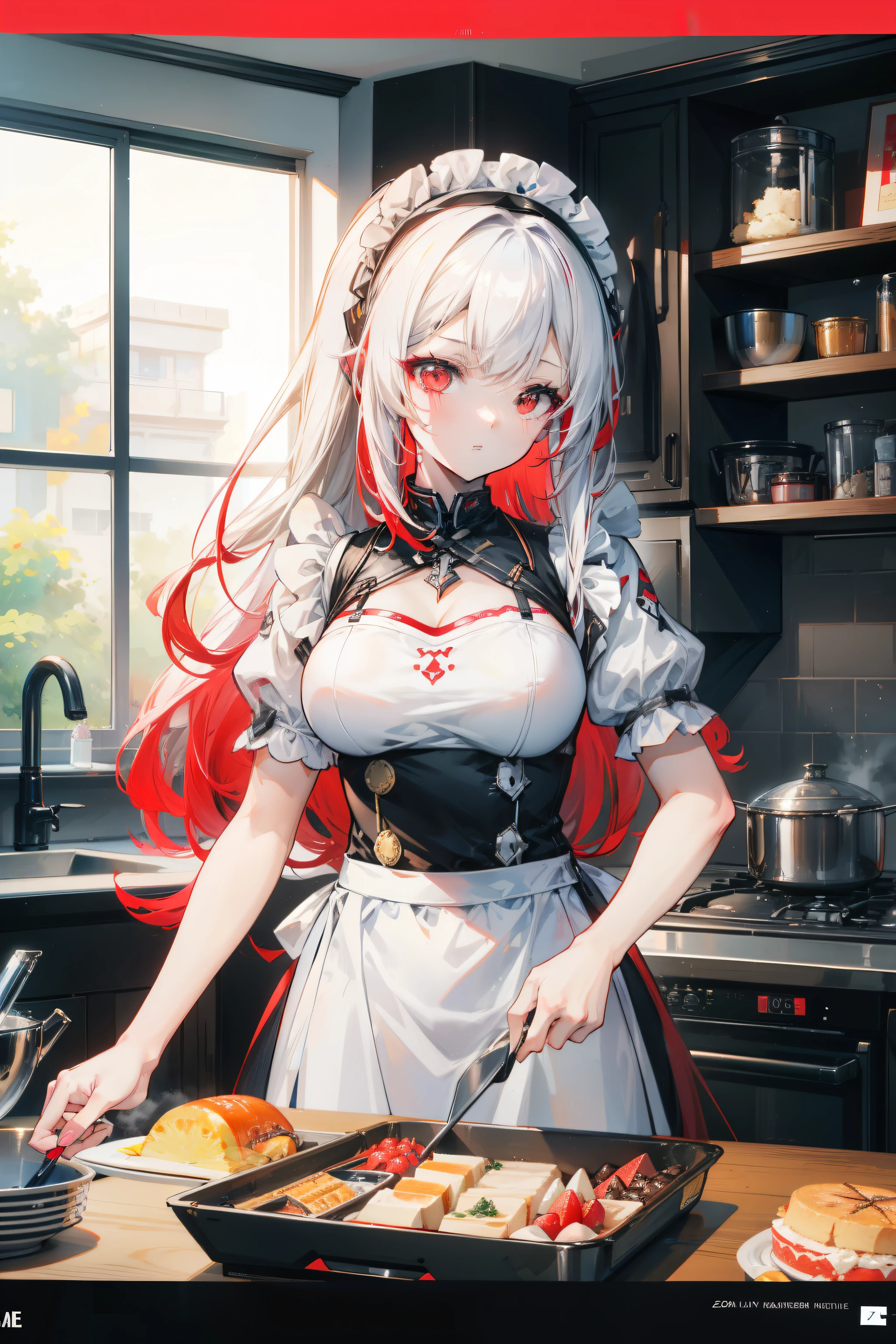 Anime girl in the kitchen，There are cakes and fruits on the counter, Splash art anime , From Girls Frontline, Girls Frontline CG, Azure Lane style, From《Azur route》video game, Popular topics on cgstation, girls frontline style, Visual novel CG, cooking, Anime girl wearing maid outfit, 《Azur route》role in，White hair mixed with red hair，red eyes，Tall Queen
