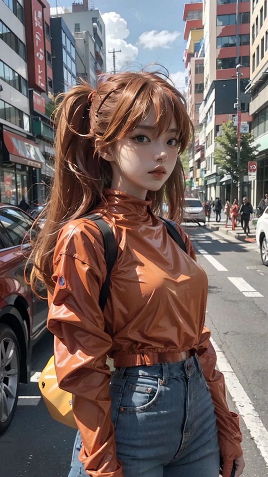 Asuka Langley Evangelion, a stunning woman, confidently using her phone on a vibrant city street in trendy attire.