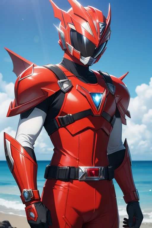 super sentai, power rangers, red ranger, bahamut theme, bodysuit, armor, full face helmet, tokusatsu