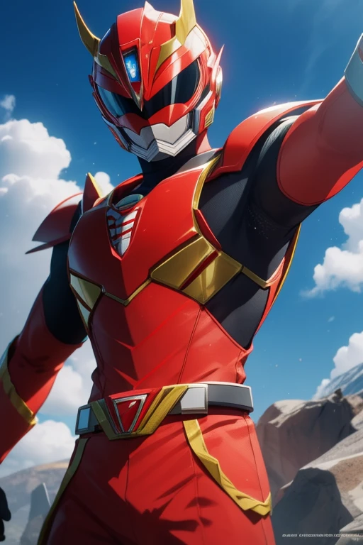super sentai, power rangers, red ranger, bahamut theme, bodysuit, armor, full face helmet, tokusatsu