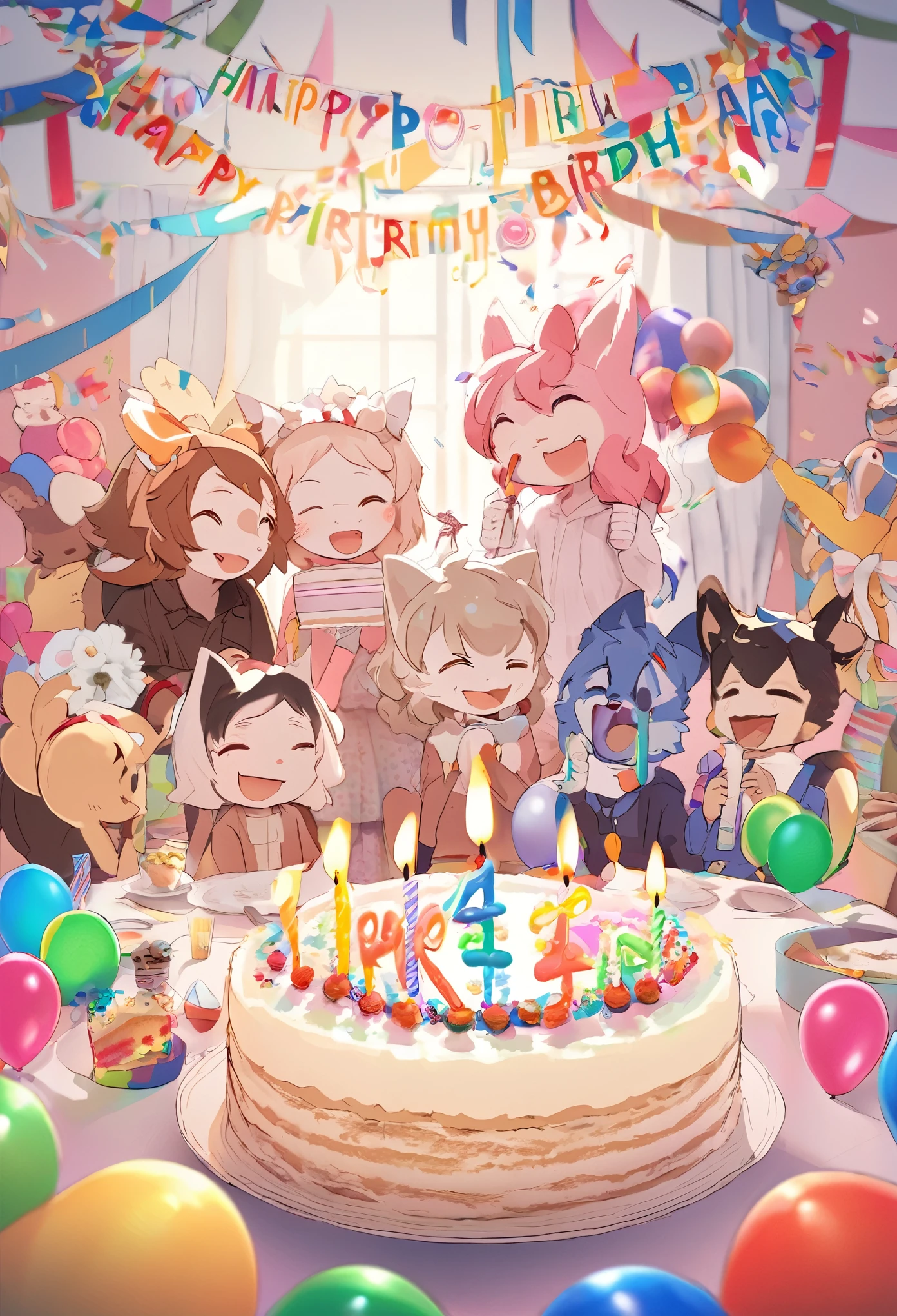 cover page, anime key visual, highres, top quality, best quality, paid reward available, High-quality illustrations, unparalleled masterpiece, perfect artwork, absurdres(A family at a birthday party, blowing out candles on a birthday cake)(room decorated with balloons and streamers, festive and colorful atmosphere)(kemono parents of diverse descents smiling and clapping)perfect anatomy, cake with candles and colorful icing, joyful and celebratory mood, special family moment, fan-created work shared on platforms Pixiv or Twitter, cinematic lighting, dynamic angle,