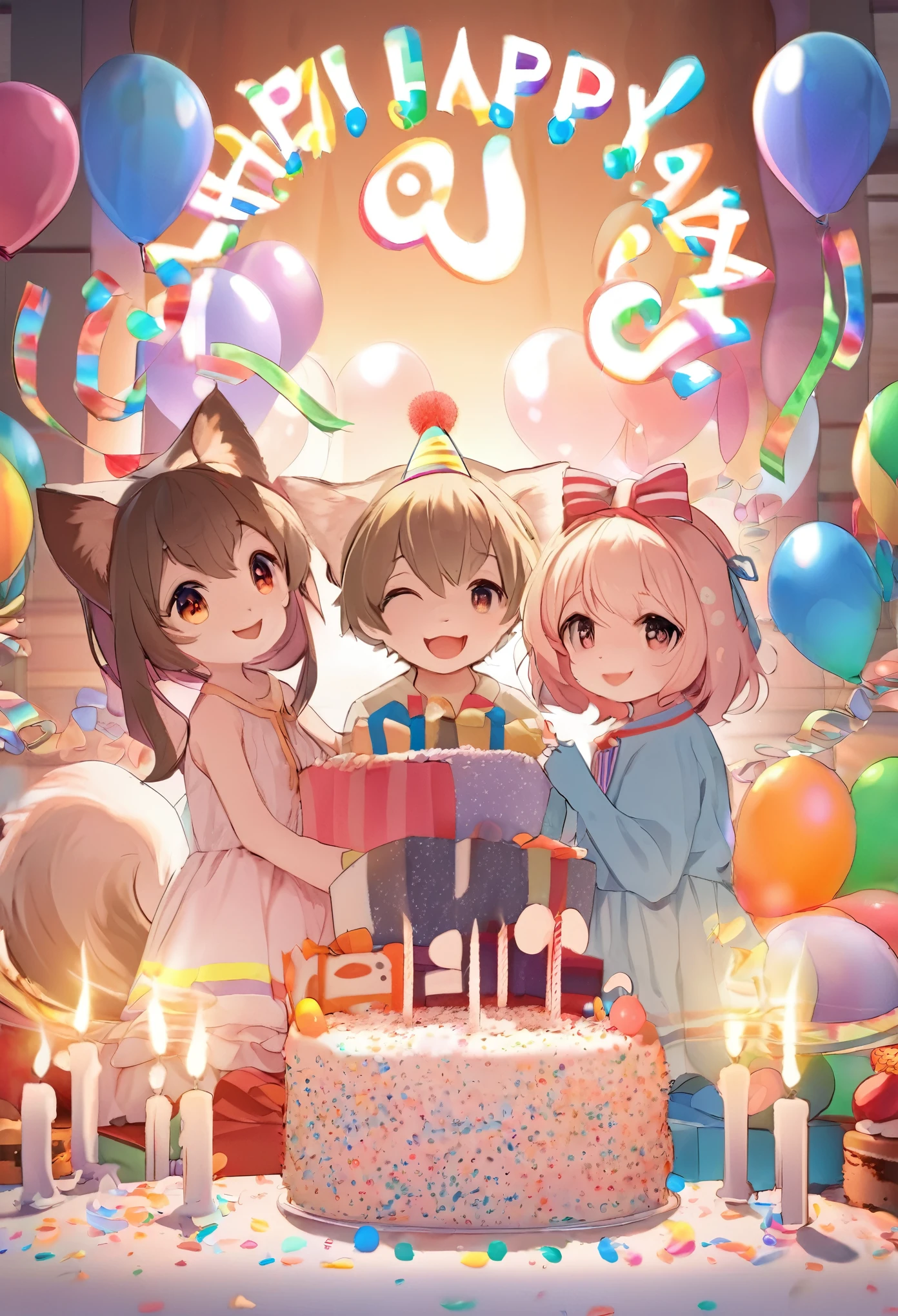 cover page, anime key visual, highres, top quality, best quality, paid reward available, High-quality illustrations, unparalleled masterpiece, perfect artwork, absurdres(A family at a birthday party, blowing out candles on a birthday cake)(room decorated with balloons and streamers, festive and colorful atmosphere)(kemono parents of diverse descents smiling and clapping)perfect anatomy, cake with candles and colorful icing, joyful and celebratory mood, special family moment, fan-created work shared on platforms Pixiv or Twitter, cinematic lighting, dynamic angle,