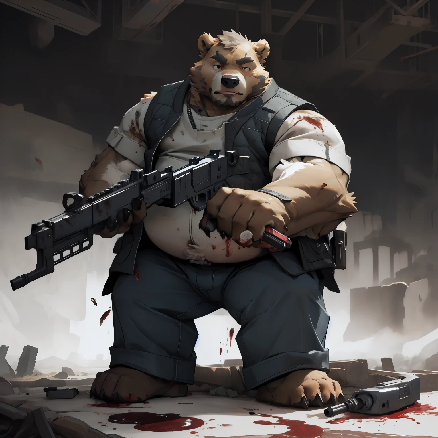 New Jersey 5 Hairy, Bear,Full body portrait of an individual, male,exquisite, chubby,thick arms,plush fur,front,stand,white vest,blue jeans,Bullet belt,Armed with a heavy machine gun,Blood,Expendables