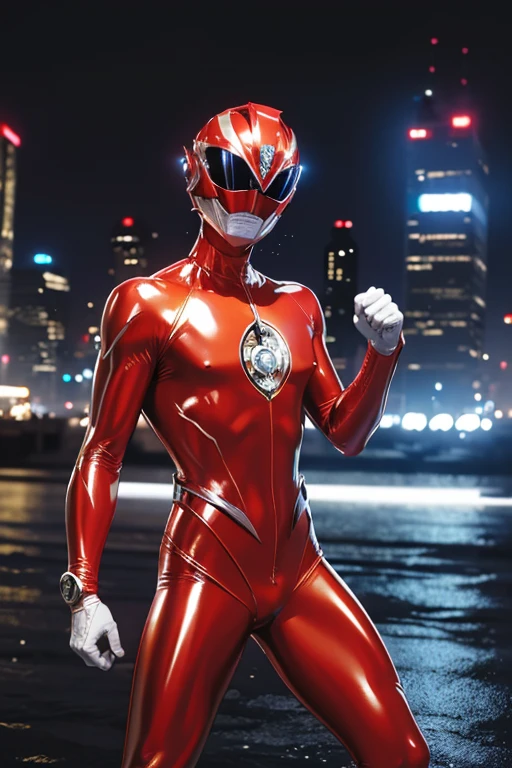 masutepiece, Super Detail, Best Quality, hight resolution, reflective light, ((Anatomically correct)), power ranger, One guy, (Very shiny helmet and suit), ((Nylon Fiber Suit)), fighting poses, ((Big city at night on wet background))