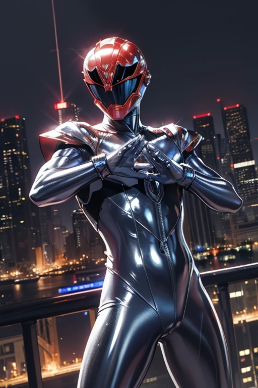 masutepiece, Super Detail, Best Quality, hight resolution, reflective light, ((Anatomically correct)), power ranger, One guy, (Very shiny helmet and suit), ((Nylon Fiber Suit)), fighting poses, ((Big city at night on wet background))