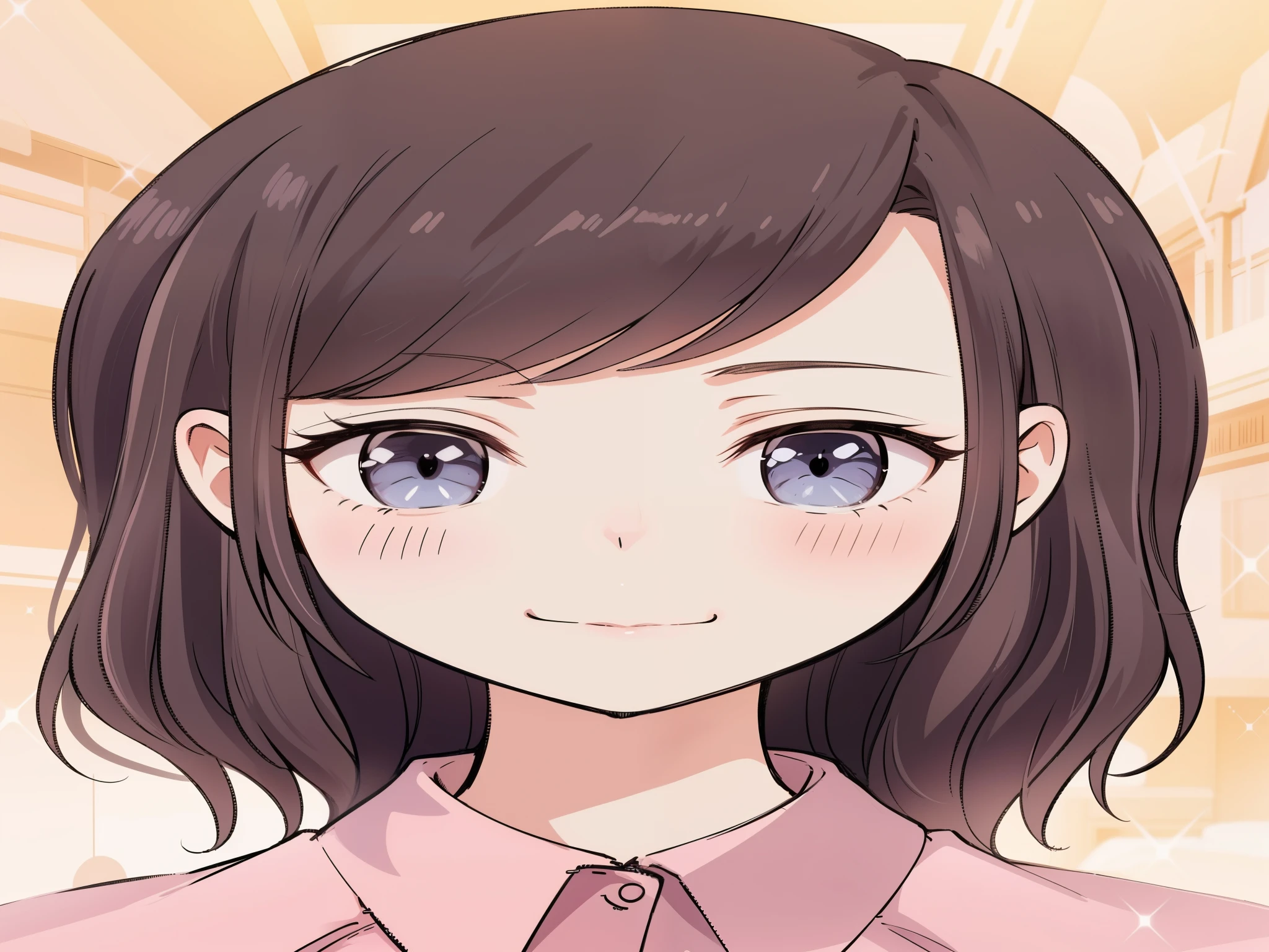 Has brown eyes and long black hair、Anime girl in pink shirt, cute natural anime face, cute realistic portrait, cute anime face, detailed anime soft face, very cute anime girl face, cute anime face, anime style portrait, Cute girl anime visual, cute anime girl portrait, flat anime style shading, soft anime illustration, face anime portrait, perfect anime face
