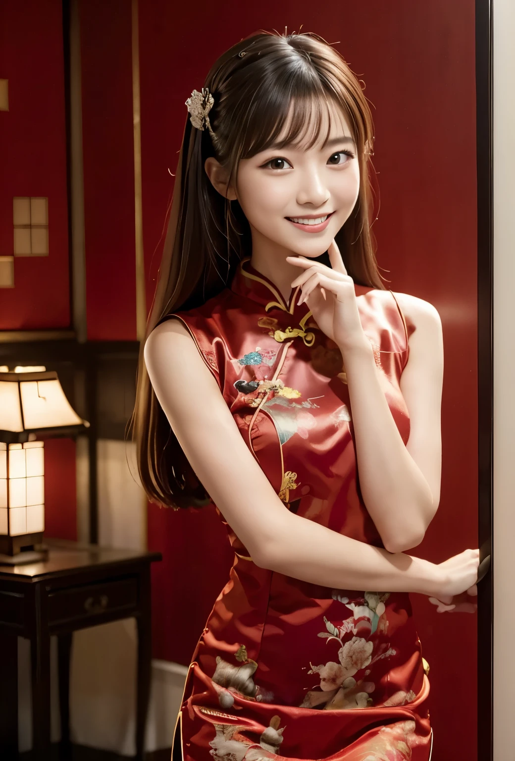 Arafed asian woman in a red dress posing for a picture - SeaArt AI