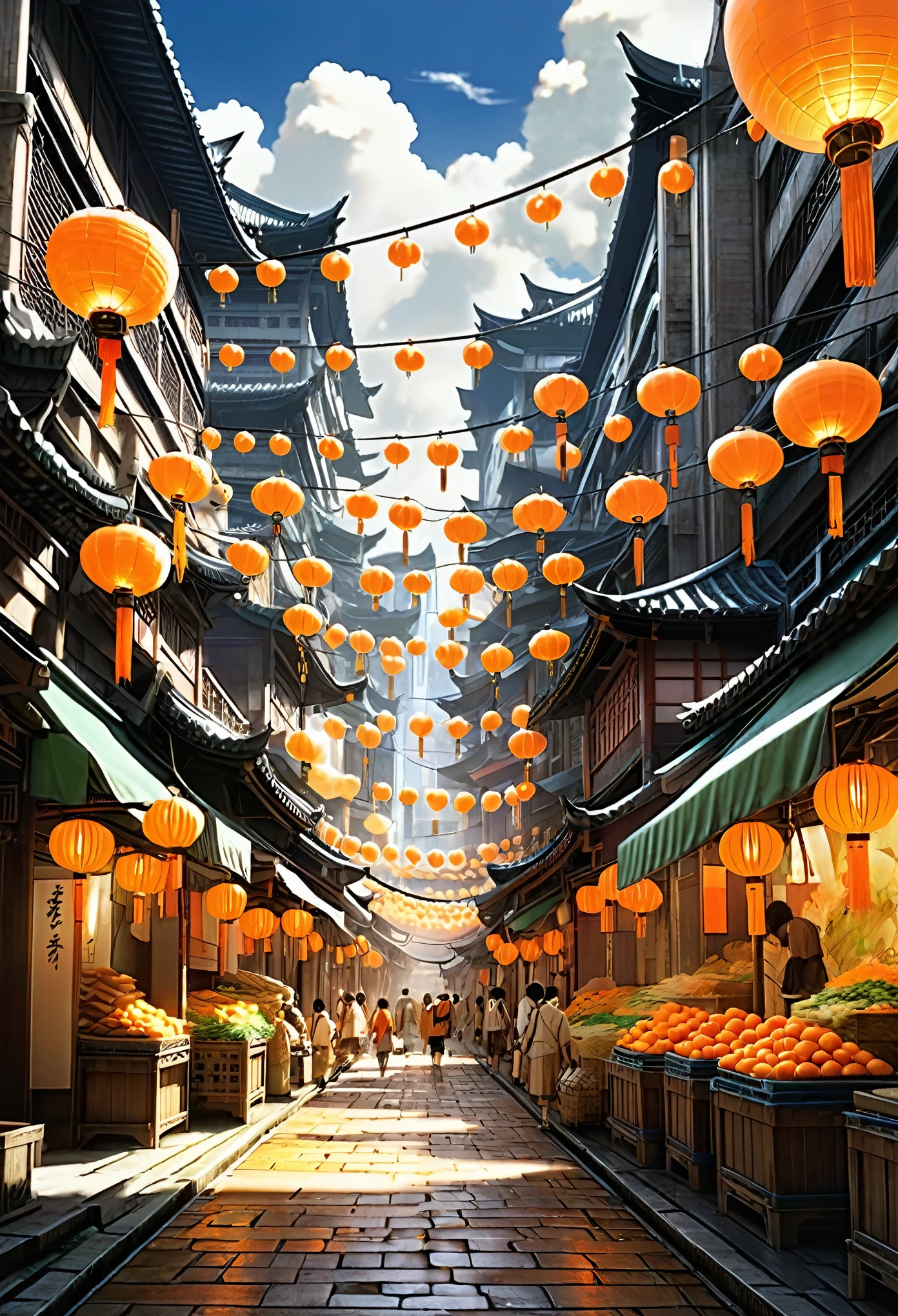 Market Street, A grand central street through the heart of an ancient chinese city filled with large buildings and stalls, fantasy city concept art, white and orange color scheme only, white and orange colors only, white and orange, Made in Abyss, Stormlight Archive, Studio Ghibli, Anime Key Visual, by Makoto Shinkai, Deep Color, Intricate, 8k resolution concept art, Natural Lighting, Beautiful Composition