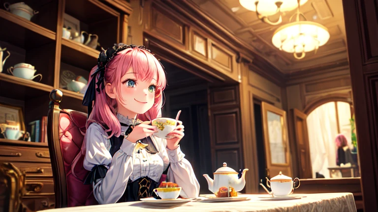 A girl relaxing in her study,Gothic Lolita,pink hair,gothic,Afternoon Tea,black tea ,smile,look up