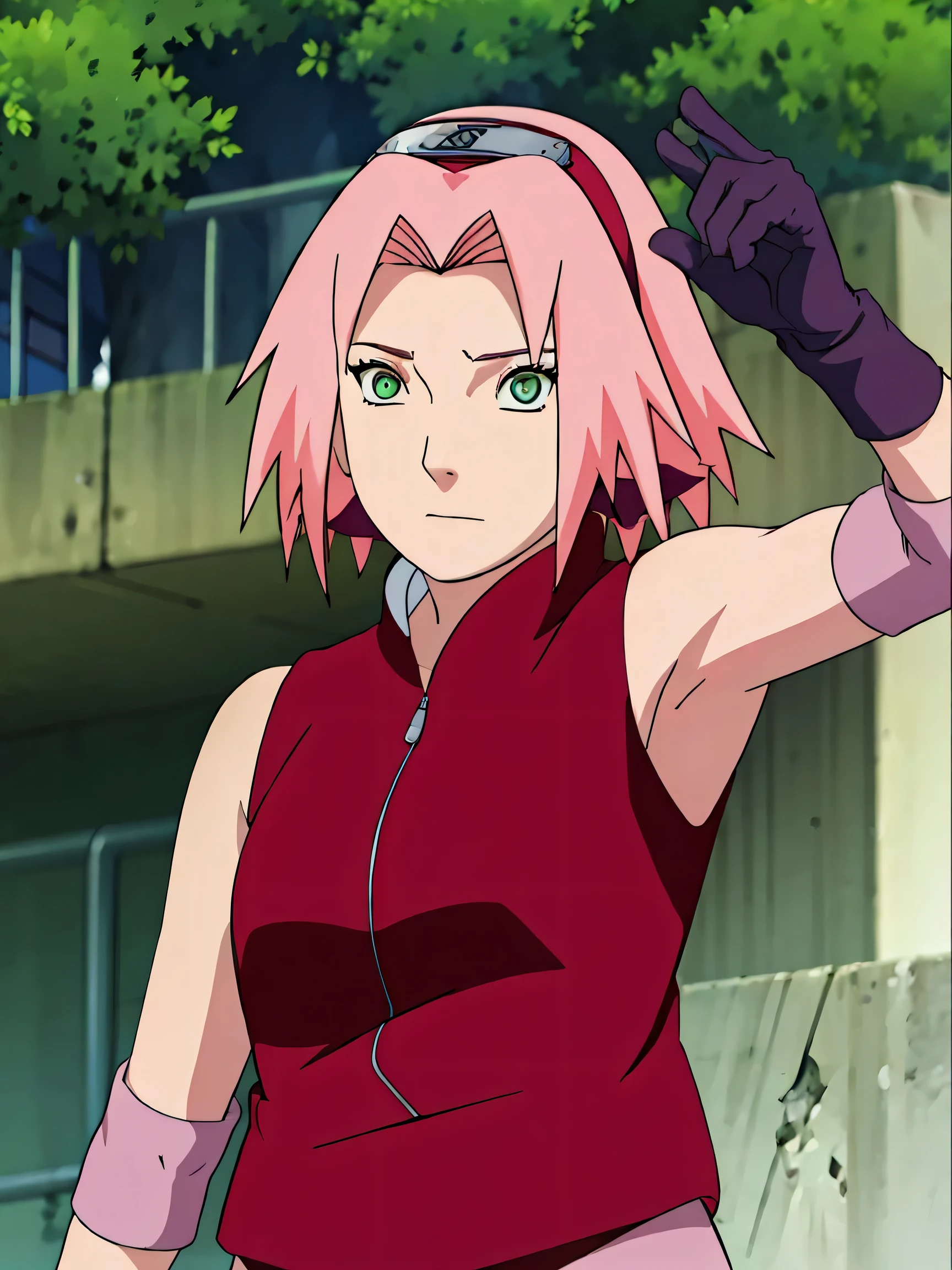 sakura haruno, sakura shippuden, upper body, armpits, showing armpits, sleeveless, masterpiece, 1 girl, green eyes, posing, elbow covers, black gloves