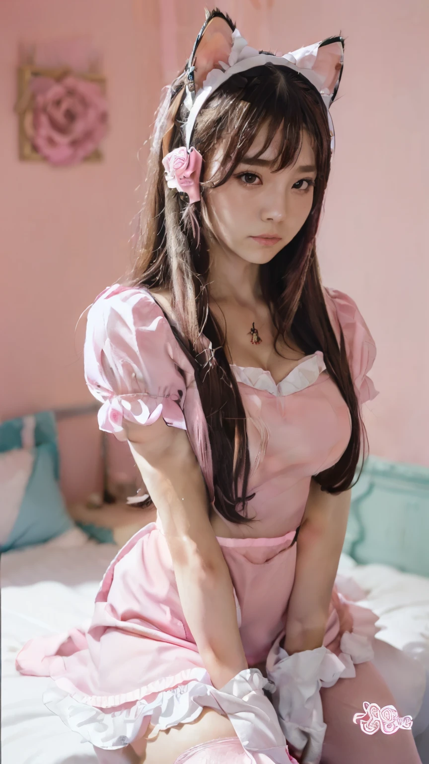 there is a woman sitting on a bed with stuffed animals, very beautiful cute catgirl, trending at cgstation, japanese goddess, ultrarealistic sweet bunny girl, [32k hd]^10, gorgeous maid, with bunny ears,  in dress, lolille delphine, 8k)), with kitsune mask, wearing a pink rabbit costume