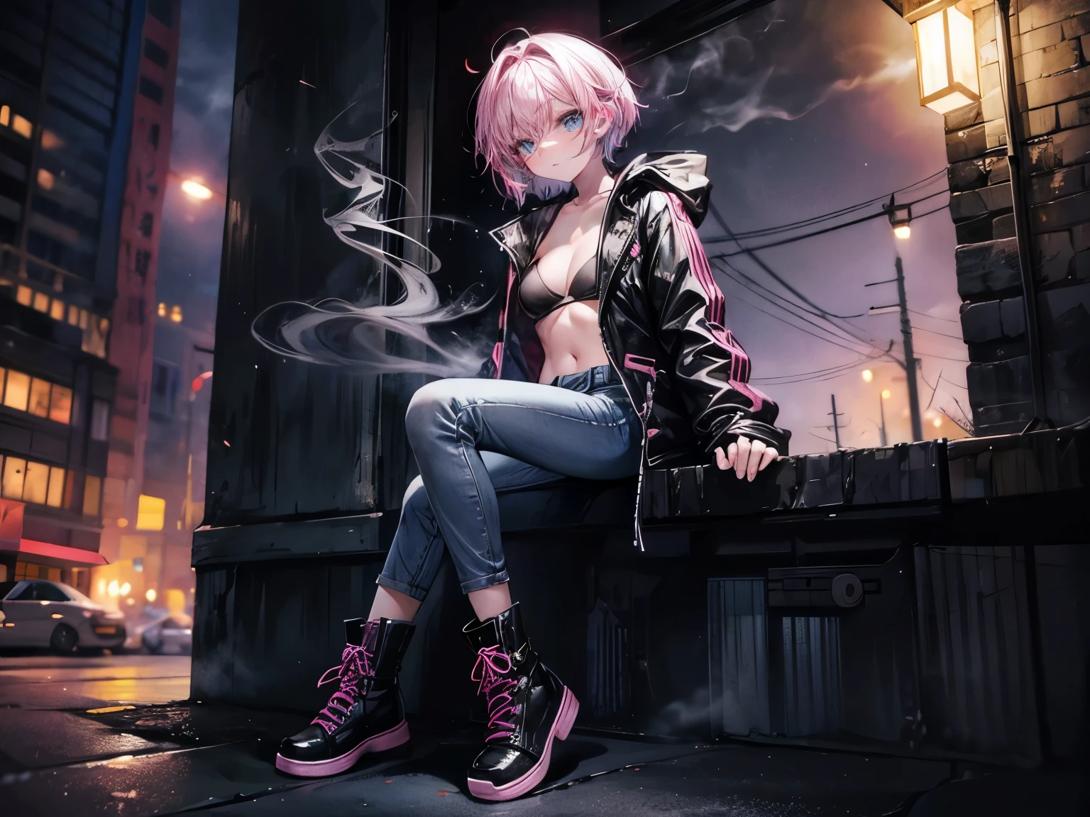 smoking girl, dark street, night time, pink hair, short hair, long jacket, jacket over her shoulders, small girl, small legs, she's 20, she's wearing jeans, she's wearing combat boots, she's wearing a white bra, she's in extase, she's enthousiast, ambient smoke, ambient smoke everywhere, straight haired, beautiful women, small hips, laying, light blue eye