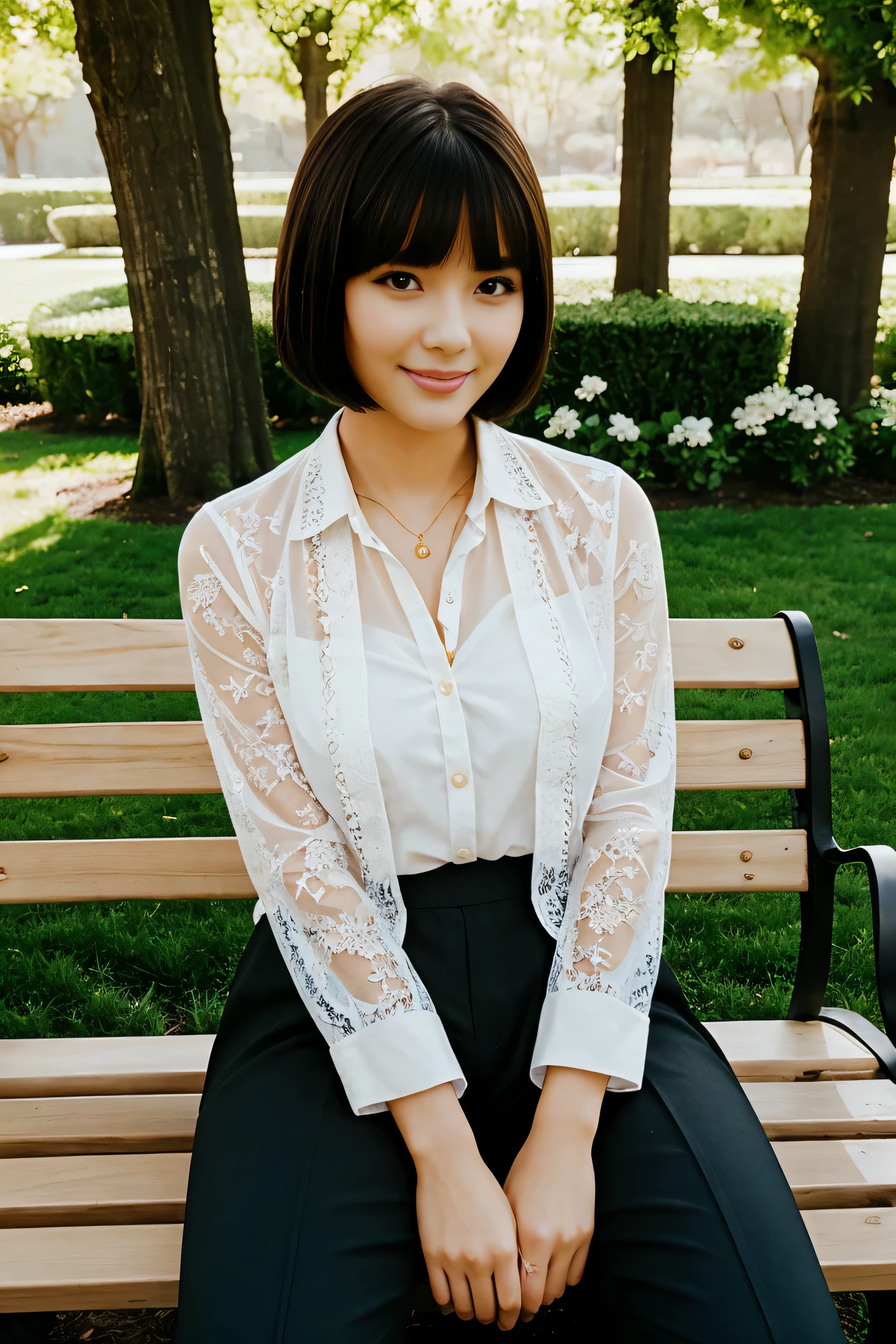 sunny, Elegant photo of a girl wearing a suit jacket, (puffy eyes:1.05), (white lace shirt), platinum brown hair, (Bob with angles:1.4), Flat bangs, (flowing hair), smile slightly, happy, happiness, High detail skin, skin pores, Stunningly innocent symmetrical face, long eyelashes, Black eyeliner, light gold eyeshadow,(sit on bench), cross_leg, emotional, Wind, garden, trees, Grass, masterpiece, best quality, lifelike,