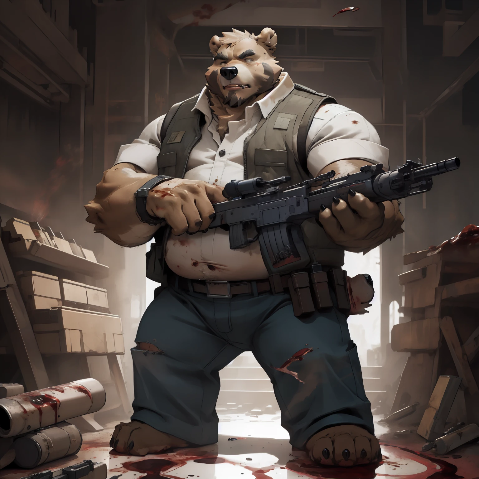 New Jersey 5 Hairy, Bear，Full body portrait of an individual, male,exquisite， chubby，thick arms，plush fur，front，stand，white vest，blue jeans，Bullet belt，Armed with a heavy machine gun，Blood，Expendables