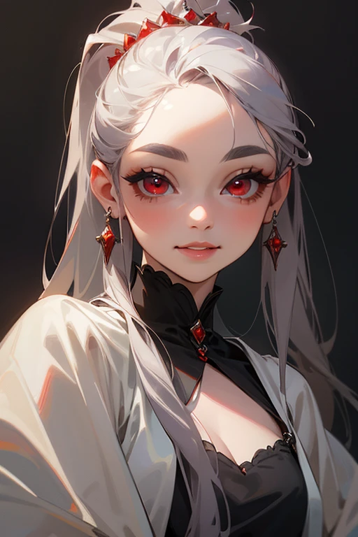 (highest quality, masterpiece:1.2), High resolution, Super detailed, realistic:1.37, fantasy, An illustration,gray hair、 red eyes、 Queen, white dress.platinum decoration、beautifully、Eyeshadow Red、dark eyebrows、long eyelashes、pupils are black、shiny on the lips、upper site、Queen、Princess、ponytail、gentle smile、Show your teeth a little and smile、soft expression、