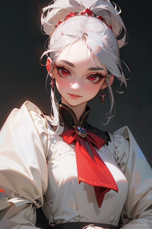 (highest quality, masterpiece:1.2), High resolution, Super detailed, realistic:1.37, fantasy, An illustration,gray hair、 red eyes、 Queen, white dress.platinum decoration、beautifully、Eyeshadow Red、dark eyebrows、long eyelashes、pupils are black、shiny on the lips、upper site、Queen、Princess、ponytail、gentle smile、Show your teeth a little and smile、soft expression、