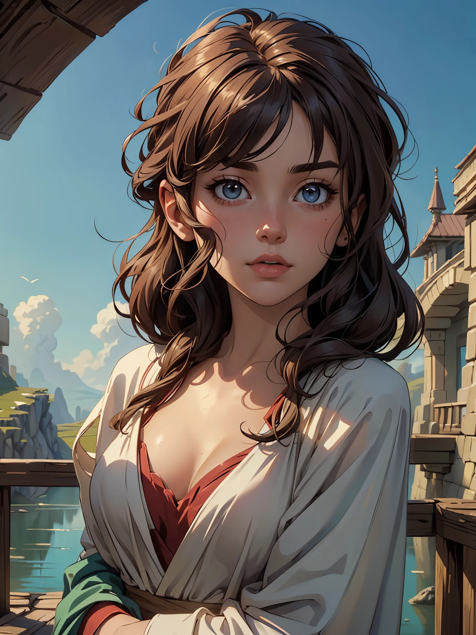 ((masterpiece, highest quality, amazing detail, hires)), a beautiful girl stands in front of a bridge, (ultra detailed face), wearing priest robes, plunging neckline, sunkissed, fantasy background, high fantasy, studio Ghibli, Miyazaki