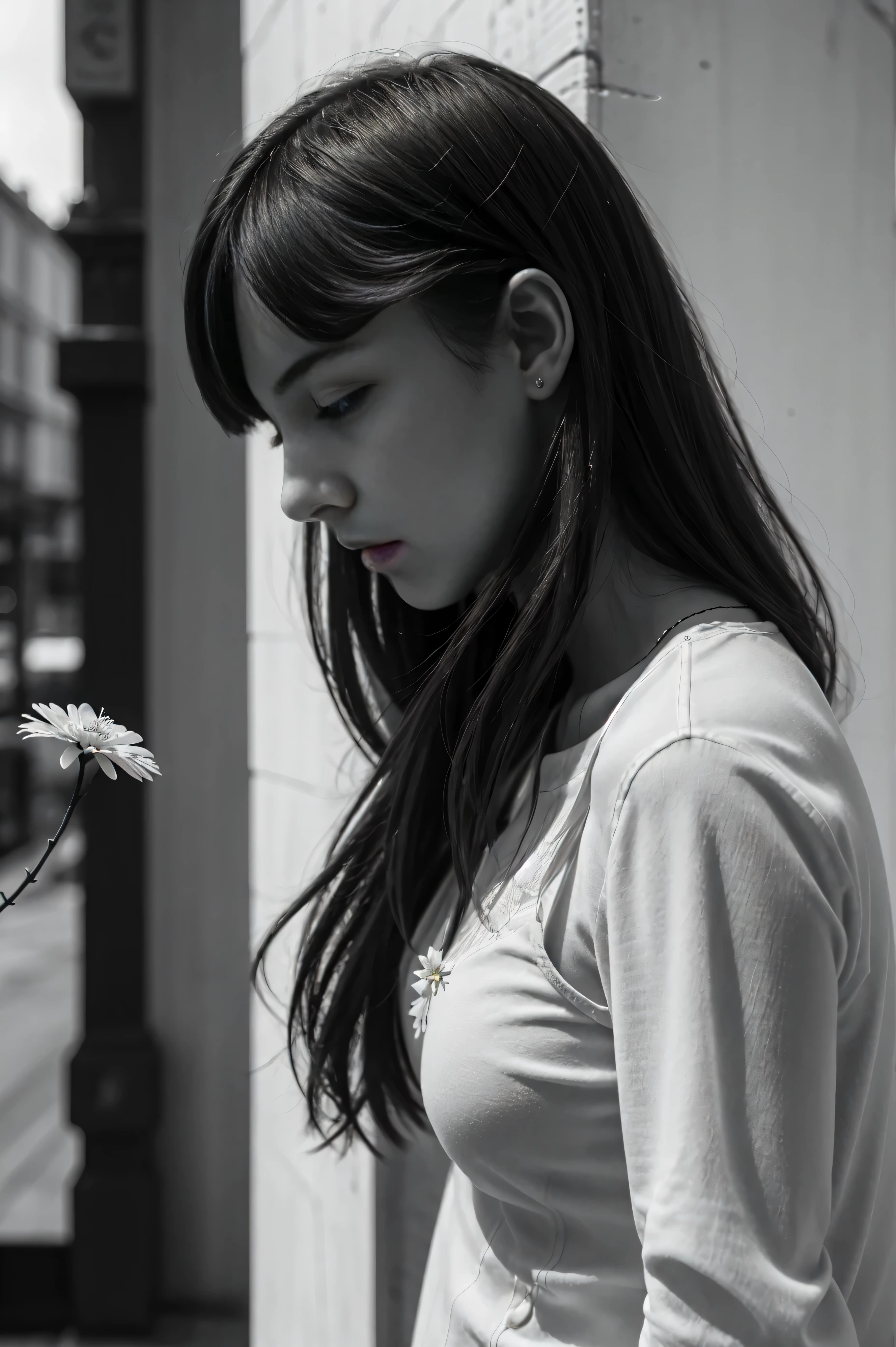 Humanistic Photography，A girl holding a small white flower，emotion，35 mm， Sebastiao Salgado，Hasselblad X1D，Peter。Lindbergh，(masterpiece，top quality， best quality，official art，Beautiful and aesthetic:1.2)