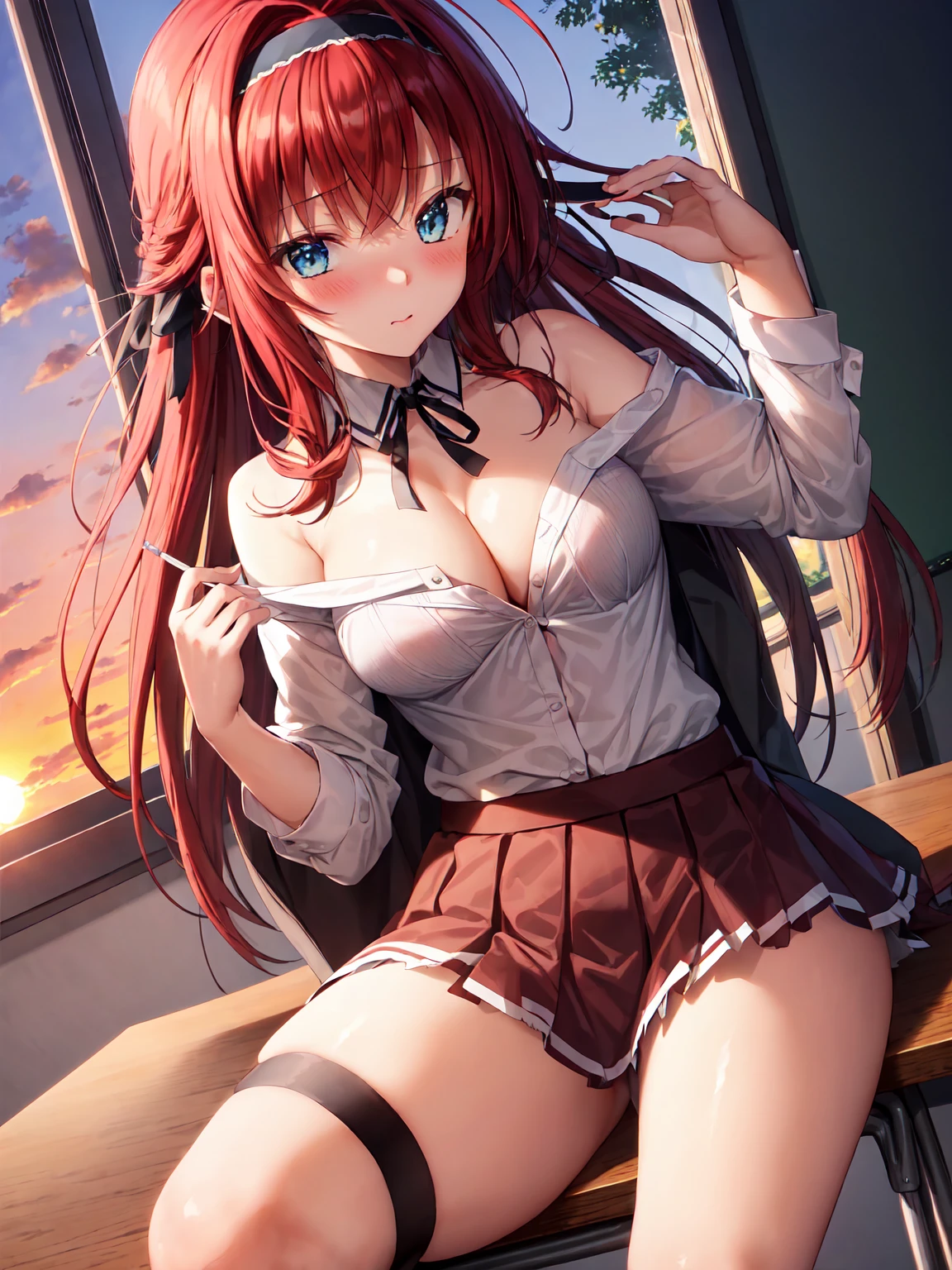 Masterpiece ,best quality , high resolution , ultra detail , colorful , soft light , mild light , sunlight , shinny , (perfect fingers , Detailed fingers, perfect hands) , (1 girl solo:1.38) , (long hair , red hair , antenna hair , blue eyes , neck-ribbon , hairband) , (bare shoulder , bow , necklace , white shirt , school uniform , black vest , red miniskirt , thigh strap ) , (standing , arm behind back) , ( (cleavage:1.3) , (medium breast:1.3) , (indoor, in classroom , windows , sunset , blackboard) , ( full face blush , shy) , (middle length shot:1.2 , knee_up-shot , close view , near shot) , (face viewer , look at the viewer)
