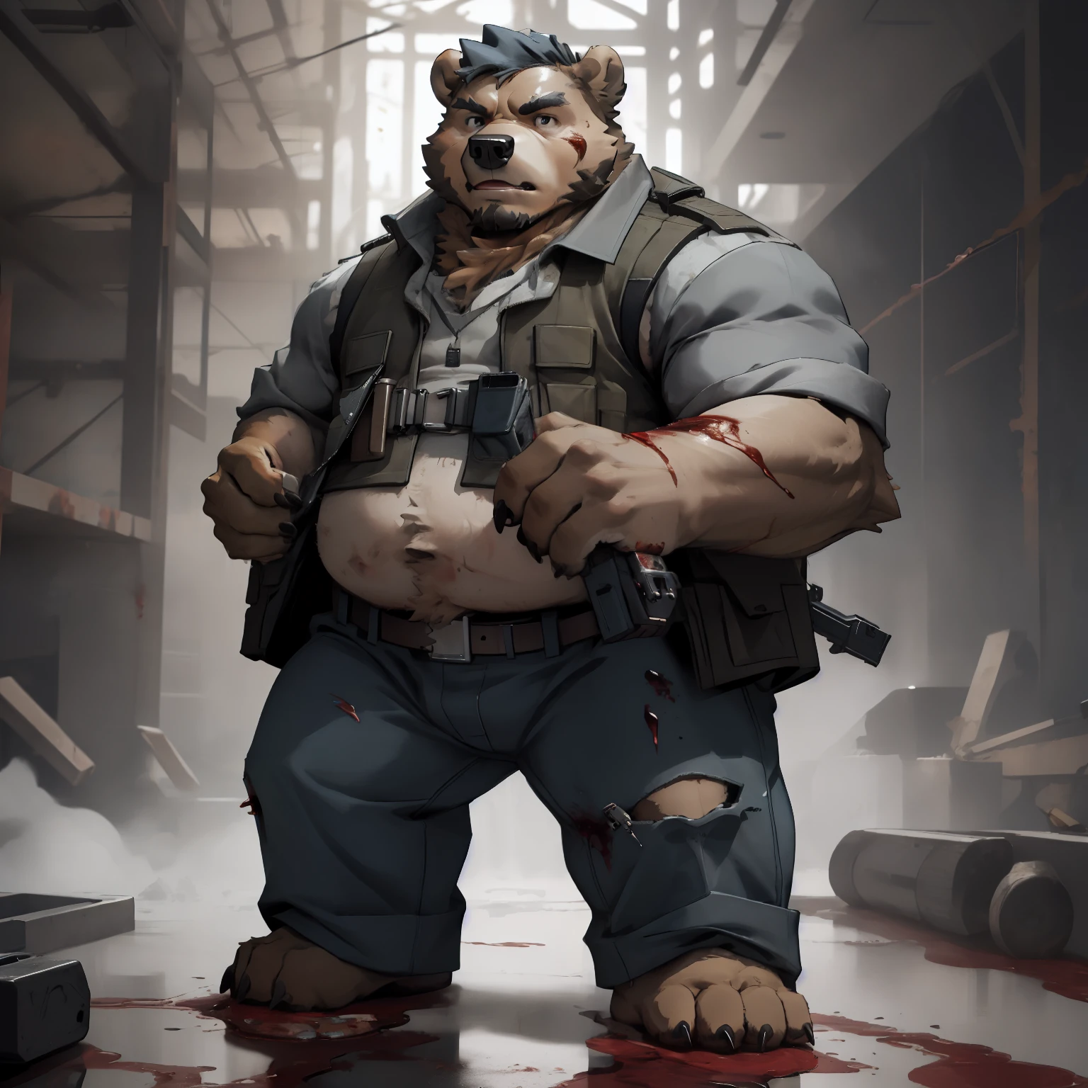 New Jersey 5 Hairy, Bear，Full body portrait of an individual, male,exquisite， chubby，thick arms，plush fur，front，stand，white vest，blue jeans，Bullet belt，Armed with a heavy machine gun，Blood，Expendables