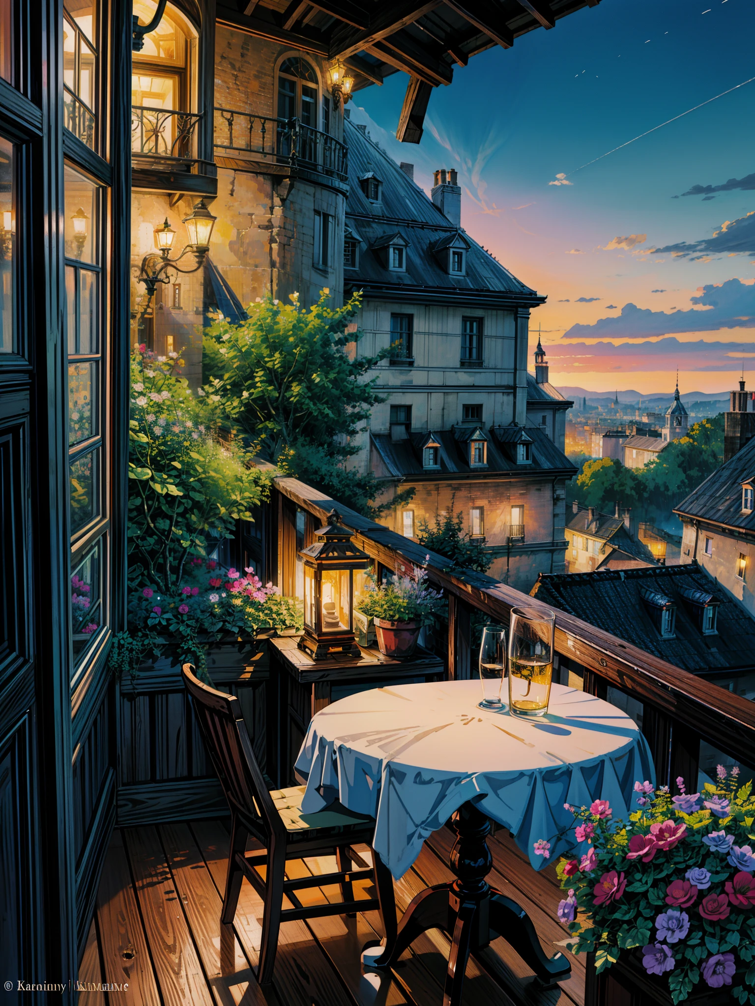 a painting of a table and chairs on a balcony, by Evgeny Lushpin, beautiful terrace, inspired by Evgeny Lushpin, rooftop romantic, romantic atmosphere, tomas kinkade, terrace, dreamy night, paris background, serene evening atmosphere, romantic scene, thomas kinkade style painting, thomas kinkade painting, romanticism painting, kinkade, by Thomas Kinkade, 4k hd,, beautiful art uhd 4 k, a beautiful artwork illustration, beautiful digital painting, highly detailed digital painting, beautiful digital artwork, detailed painting 4 k, very detailed digital painting, rich picturesque colors, gorgeous digital painting