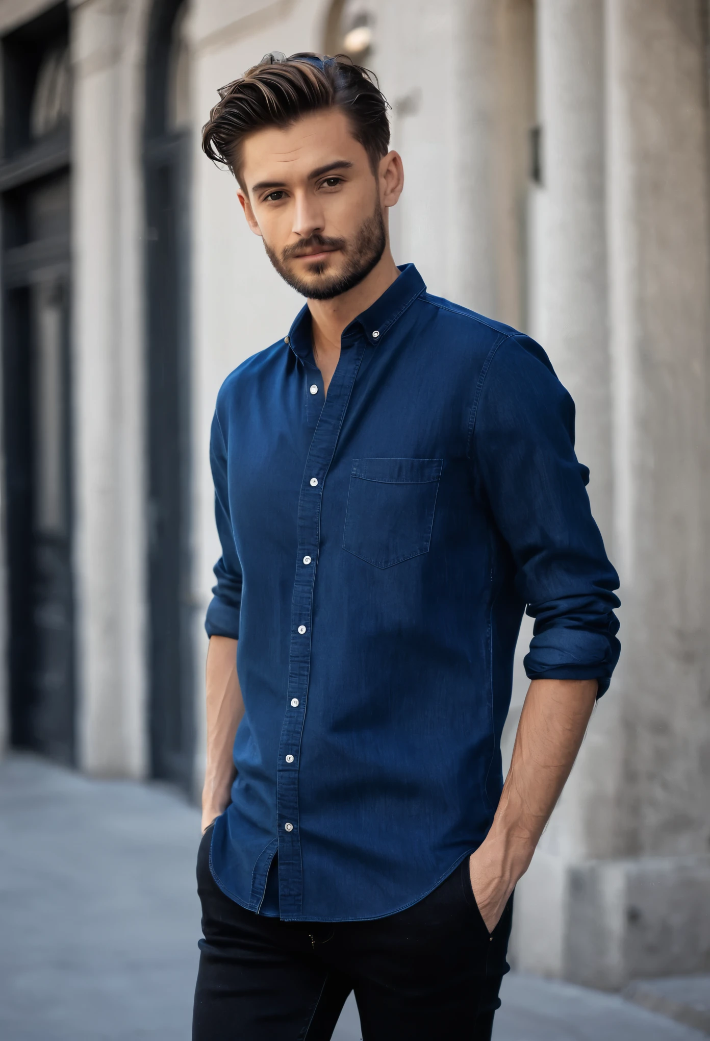 A men , black jeans, nevy blue shirt,full screen