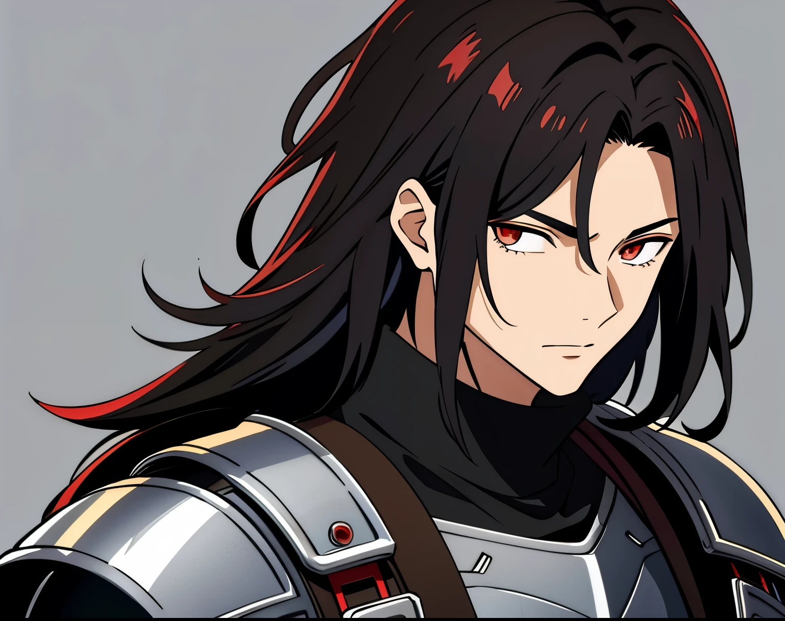 (high-quality, breathtaking),(expressive eyes, perfect face) 1boy, male, solo, age 20, young adult age, masculine face, black color hair, red eye color, spiky fluffy hair, medium hair length, messy loose hair, narrow eyes, Symmetrical Eyes, portrait, soft smile, grey background, fantasy armor, mature, knight armor, hair between eyes
