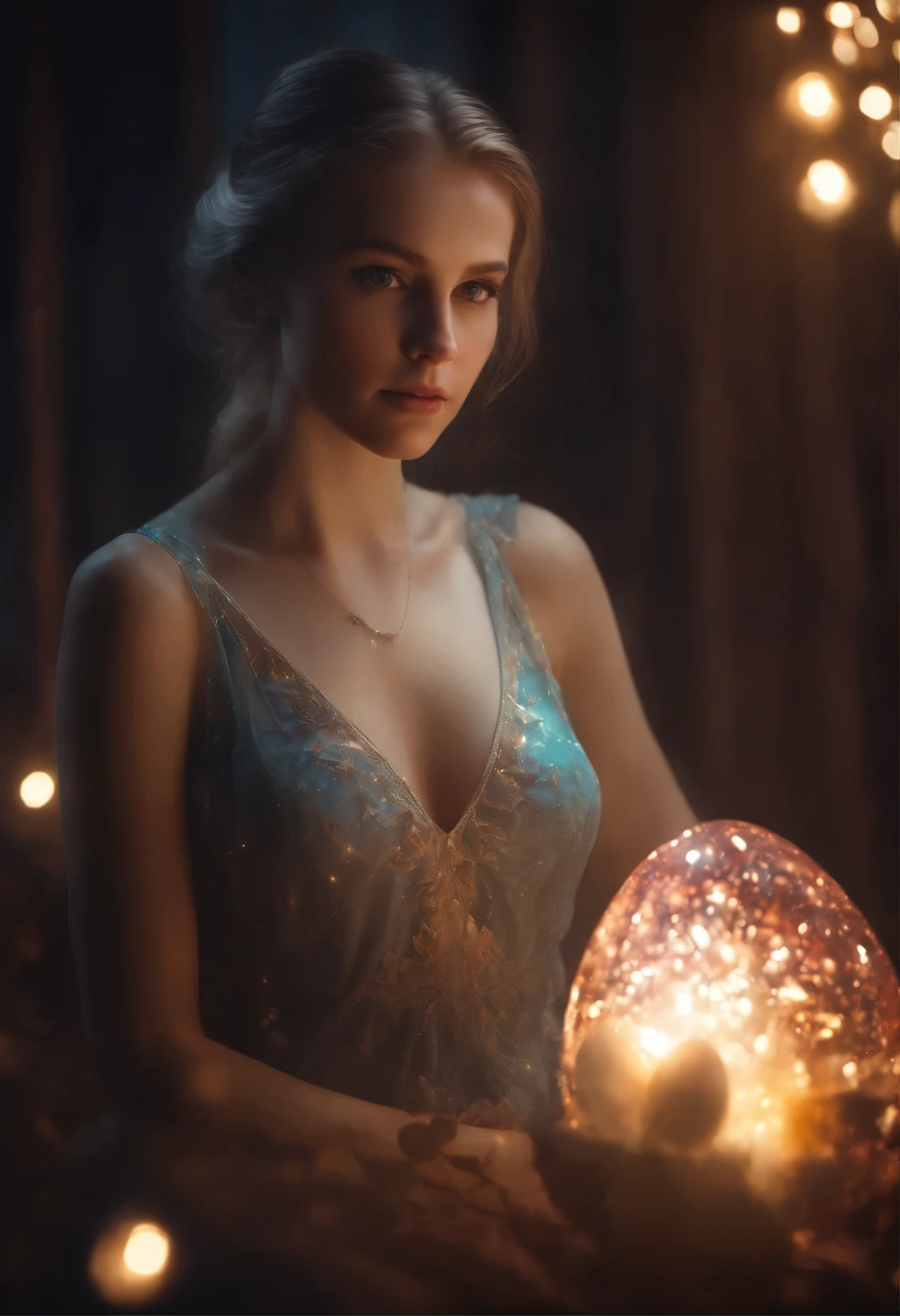 Easter europe 18yo girl sexy breast, glowing light eyes, Biomechanical, eerie, Creepy, nightmarish, Very bright colors, Light particles, with light glowing, Mshiff, wallpaper art, UHD wallpaper