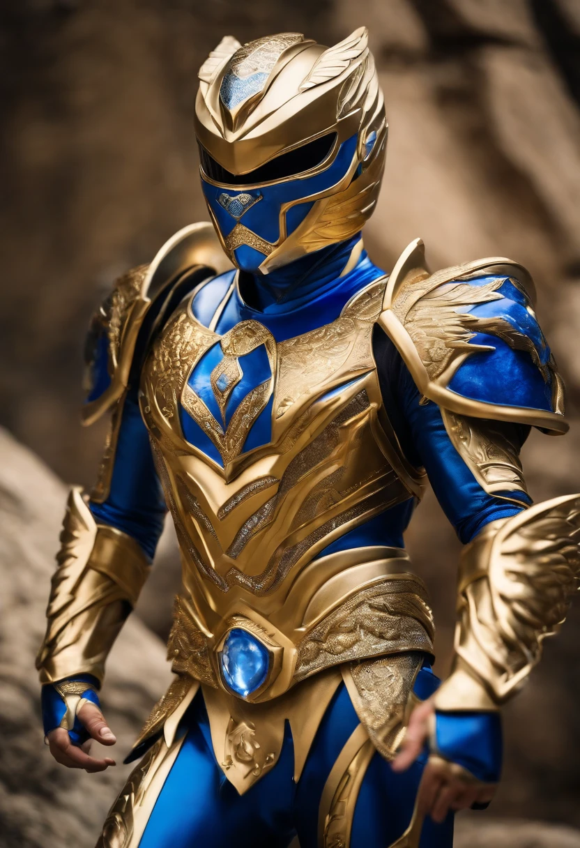 Power Ranger with lion armor in gold, blue and white