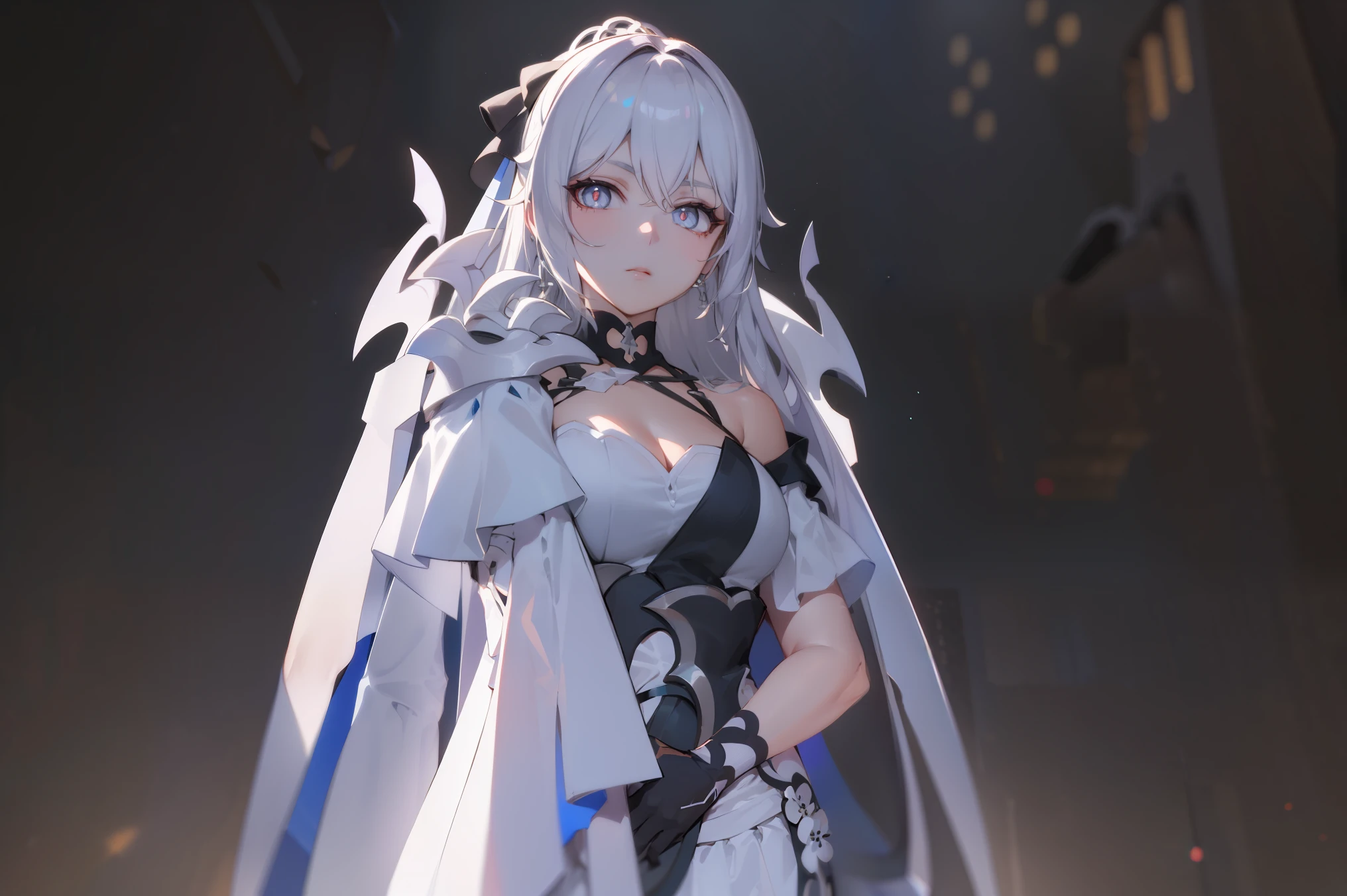 bronya zaychik (silverwing n-ex), bronya zaychik, red pupils,breasts, long hair, dress, grey hair, cleavage, bangs, (glowing grey eyes:1.2), 
BREAK ((white shirt on her shoulders:1.5))
BREAK single pauldron, 
BREAK standing, full body, looking at viewer, expressionless,
BREAK (masterpiece:1.2), best quality, high resolution, unity 8k wallpaper, (illustration:0.8), (beautiful detailed eyes:1.6), extremely detailed face, perfect lighting, extremely detailed CG, (perfect hands, perfect anatomy),