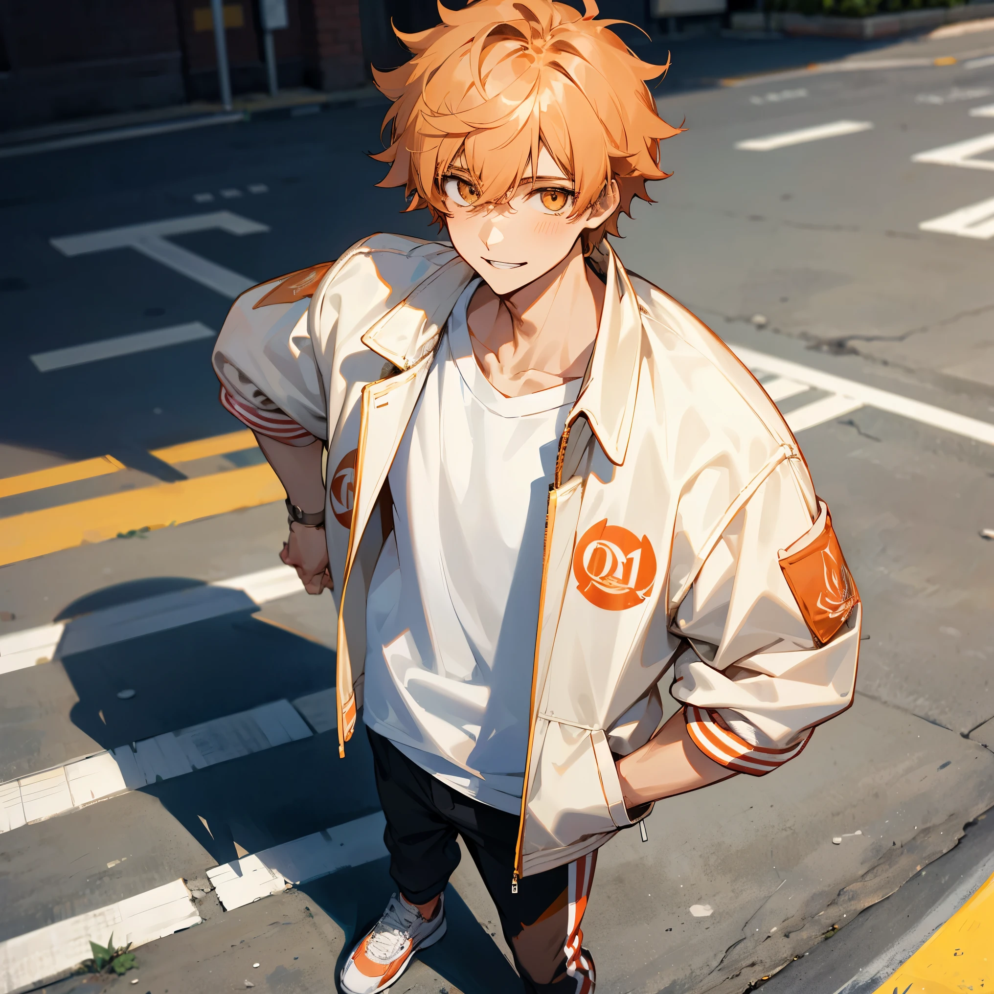 1male , Short Messy Hair , Peach Hair , Golden Eyes, Baggy White Letterman Olympic Unzipped Jacket , White T-Shirt Underneath , Standing on sidewalk , Happy Expression 