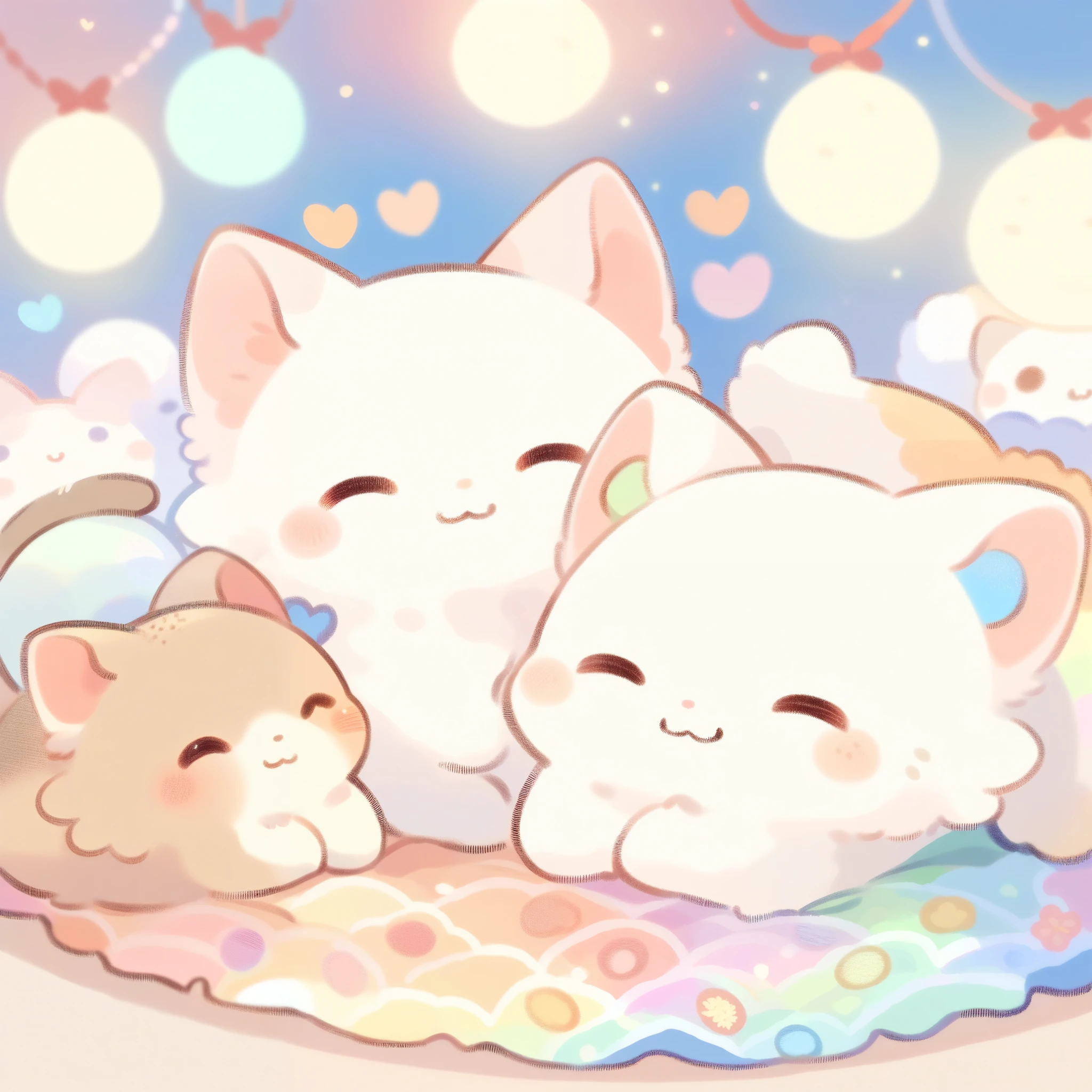 cuteAn illustration,Catの幼稚園,Catの親子:animal:cute:Snuggle up close:sleep:comfortable and warm:looks happy,An illustration,pop,colorfulに,color,dim,lamp light,Catの親子が眠っています:dream happy dreams,The room is warm and full of happiness,,colorful,fancy,fantasy,patchwork:quilt,Detailed details,fluffy,randolph caldecott style,Cat,最高にcuteCat,fluffyCat,豊富なcolor,Cast colorful spells,concentrate,Optimal configuration,perfect composition,accent,子供が喜ぶAn illustration,For children,Feel warm,wonderful like a dream,幸せで楽しそうなCat達,Children's Toys,dance,The kids&#39;my room,group photo,a bit,Cast colorful spells,Sparkling,heart