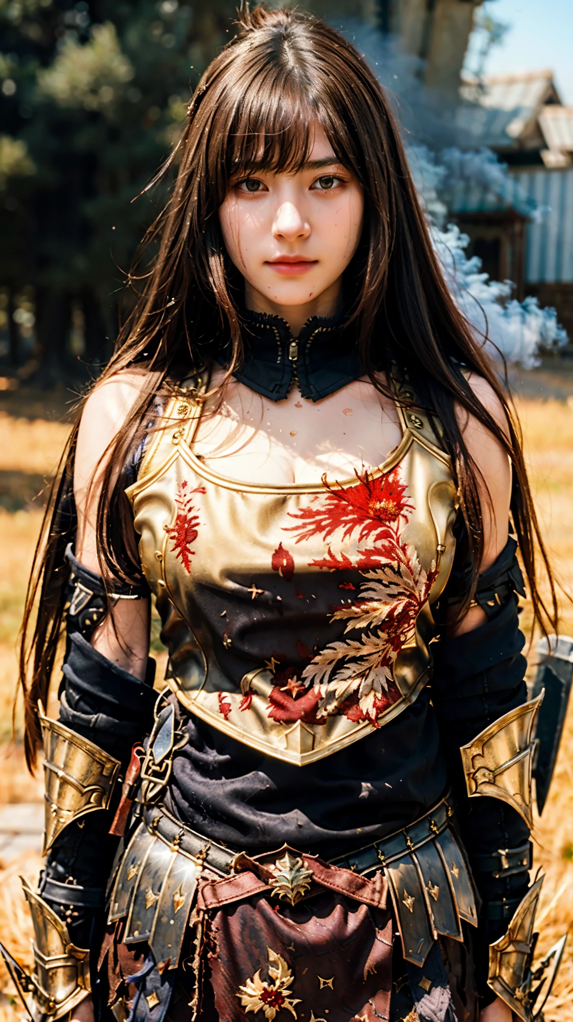 (((Realistic, masterpiece, best quality, crisp detail, high definition, high detail, sharp focus))), ((sleeveless)), 17 years old girl wearing heavy armor, golden armor, japan style armor, full body armor, decorated armor, long straight hair, dirty, sweating, bloodstained face, bloodstained armor, blood scattered, bloodbath, carnage, long bloodstained sword, in epic war, fire and smoke everywhere, death anywhere