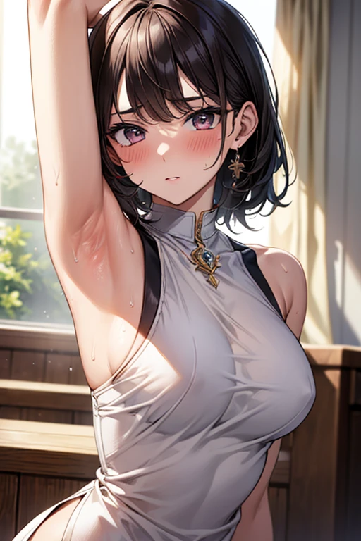 masterpiece, highest quality, 1 girl,Fingers stretch armpit, spread_armpit, blush,armpits,Sweat,arm_superior
