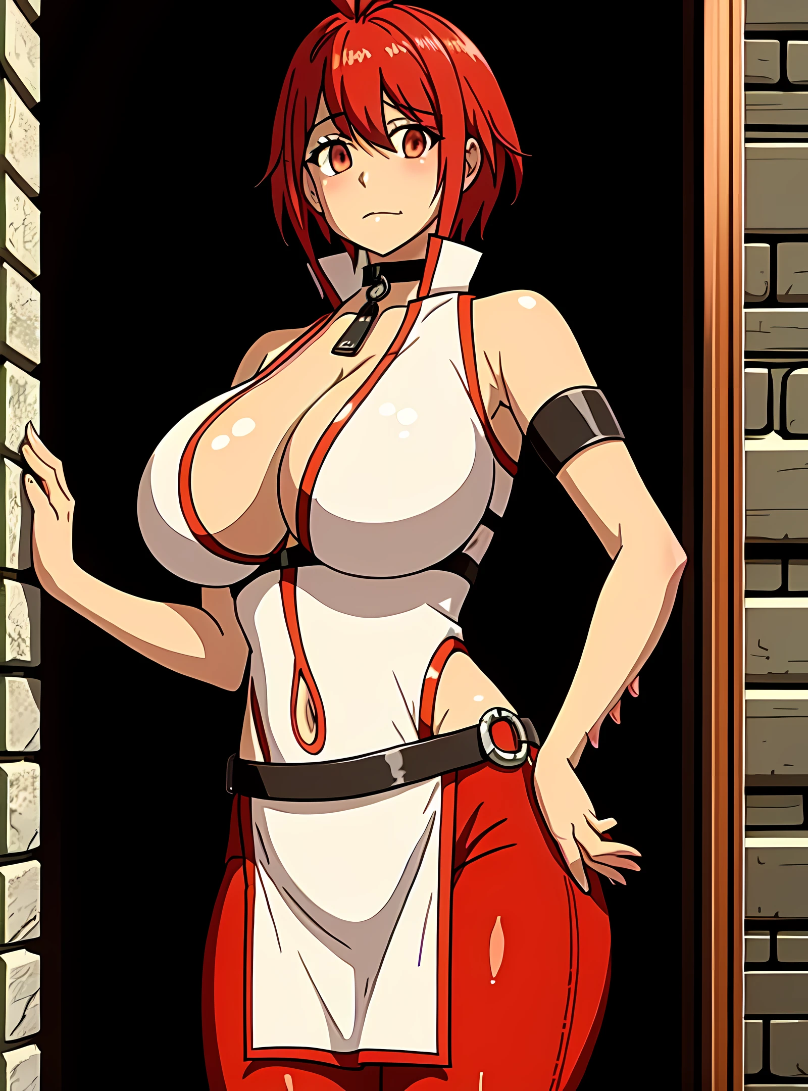 vesta_harem, vesta, 1girl, solo, large breasts, huge breasts, red eyes, red hair, short hair, tall, glaring, holding_sword, collar, white_dress, red_trim, cleavage, navel, sleeveless, bare_shoulders, loincloth, red_pants, forearms:spiked_arm, armlet, black_belt, oversized_belt, (slashing:1.2), highres, absurdres, looking_at_viewer, (dungeon:1.6), hallway, stone, mossy