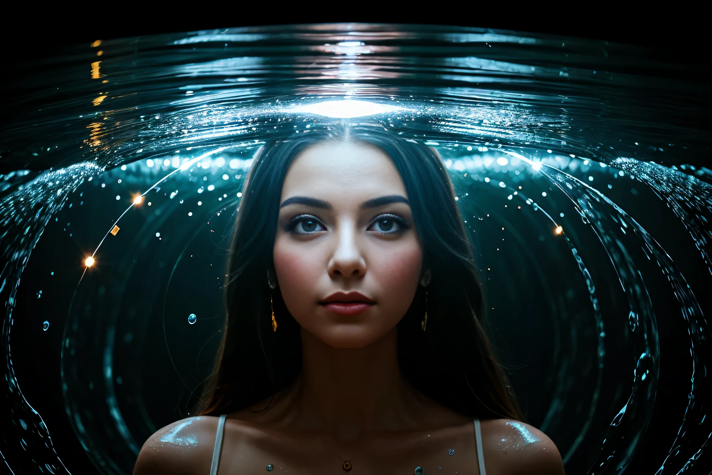 Oil painting,A beautiful girl, graceful, aesthetic, in
abstract water, solo, light particles, rotating lights,
looking at viewer, bloom, romanticized, detailed, 8K, best
quality, masterpiece, high resolution