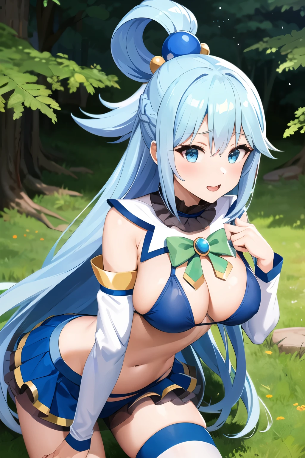 aaaqua, long hair, blue hair, hair rings, hair ornament, choker, ???? shoulders, green bow, blue shirt, detached sleeves, blue skirt, thighhighs, ???? Pose, Nature background, ??????,