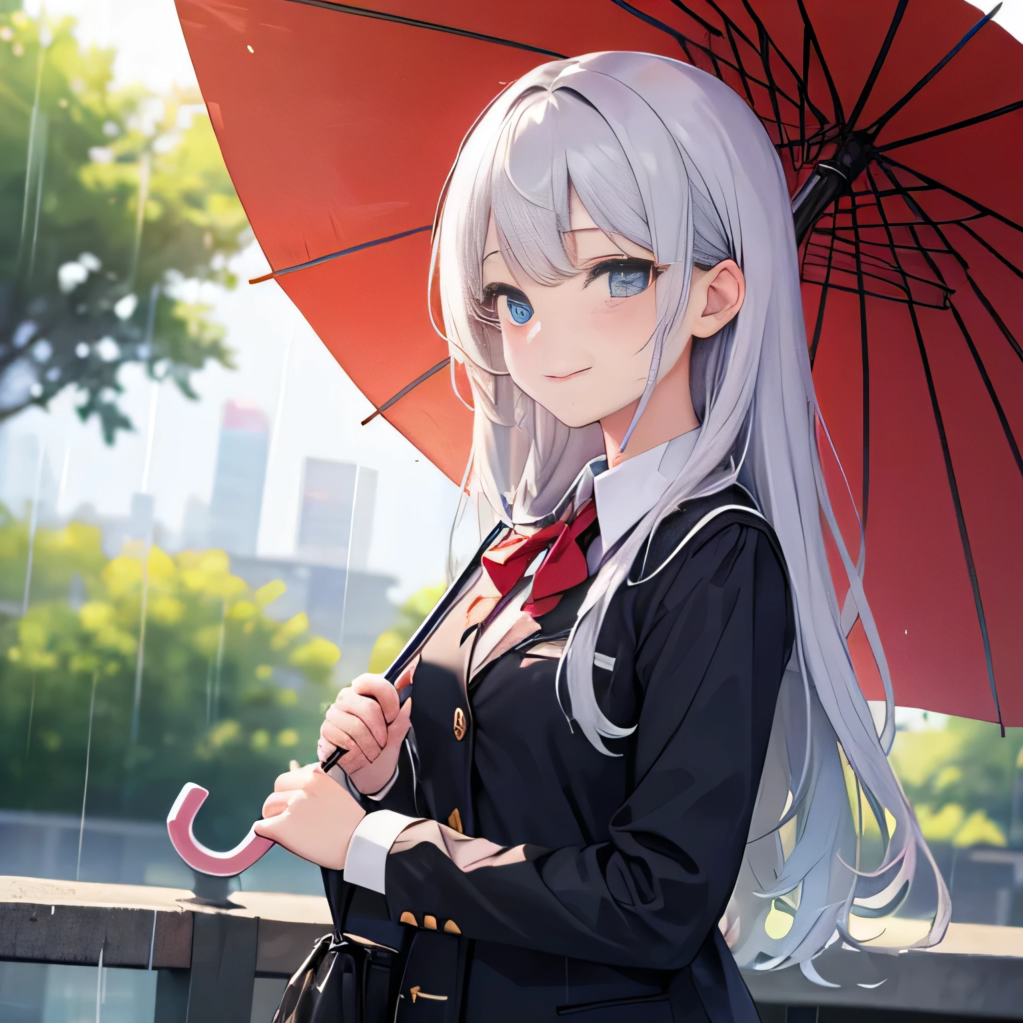 masterpiece, highest quality, High resolution, very detailed, detailed background, Natural light, Long silver hair high school girl「Seina Saotome」,eyes are blue,uniform,It's raining,She has an umbrella,The moment my friend took my picture on the way to school,embarrassed expression, smile,school background, rain