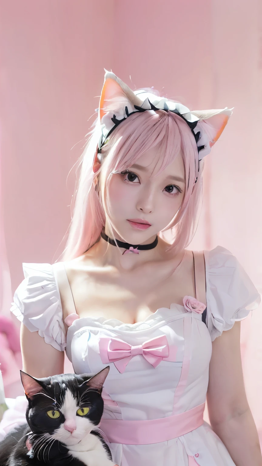 (Emo art:1.6), masterpiece, 4k, Bokeh, high school girls, (Multiple girls:1.6), (Group photo:1.5), beautiful face,  (Cat ears:1.3), (pink+white soft hair:1.6) , (Japanese idol:1.6), Blushed face, (Pink maid costume :1.4), looking at the viewer, closeup, 
 (Pink background :1.4), (Pink rose millor room:1.6)