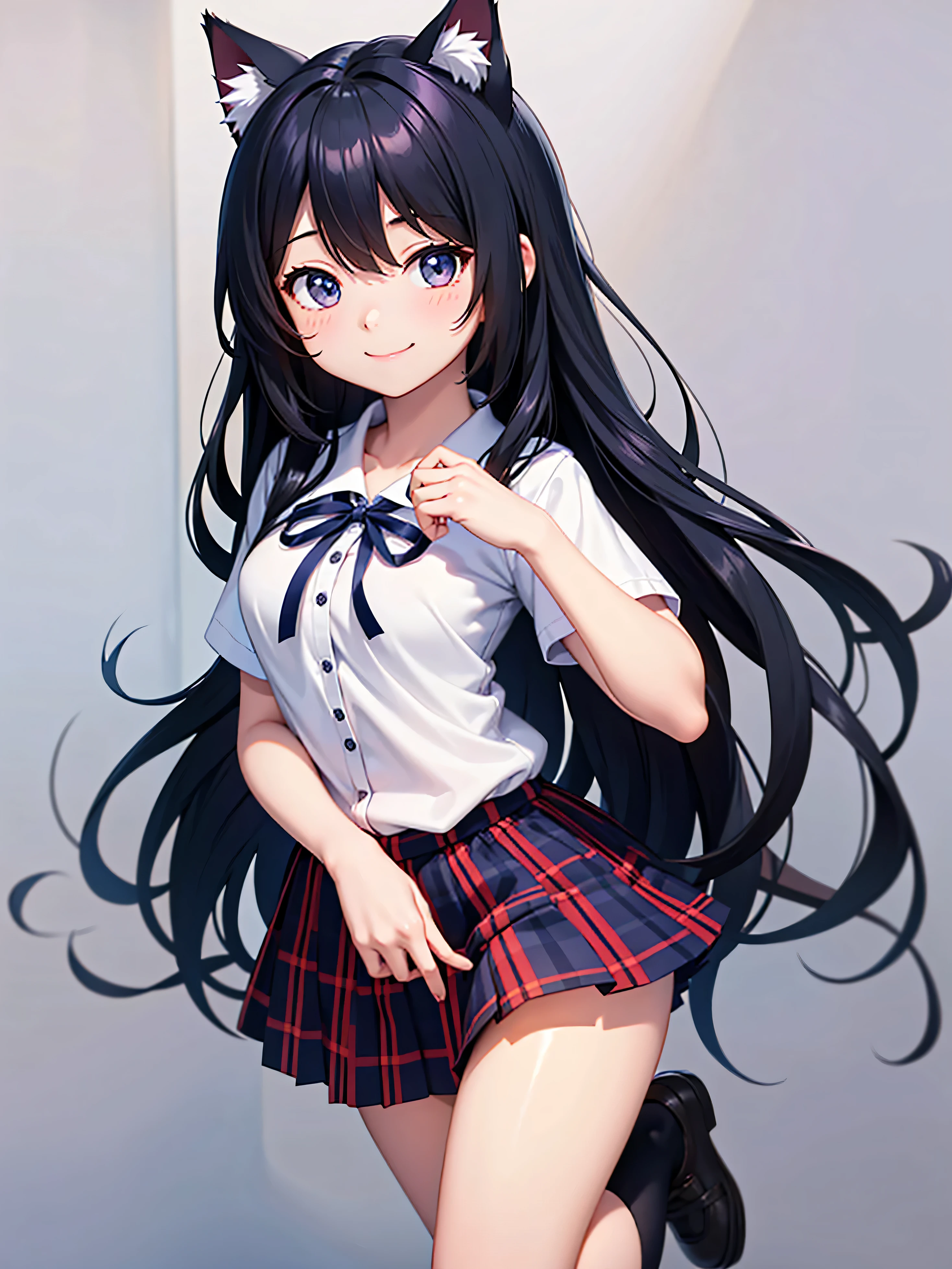 girl,one person, long black hair, Cat ear, Cute anime visuals, , high school girl, ribbon on the chest, tartan check miniskirt, white short sleeve shirt, navy blue socks, smile, blank background, whole body, high quality,white shirt,smile