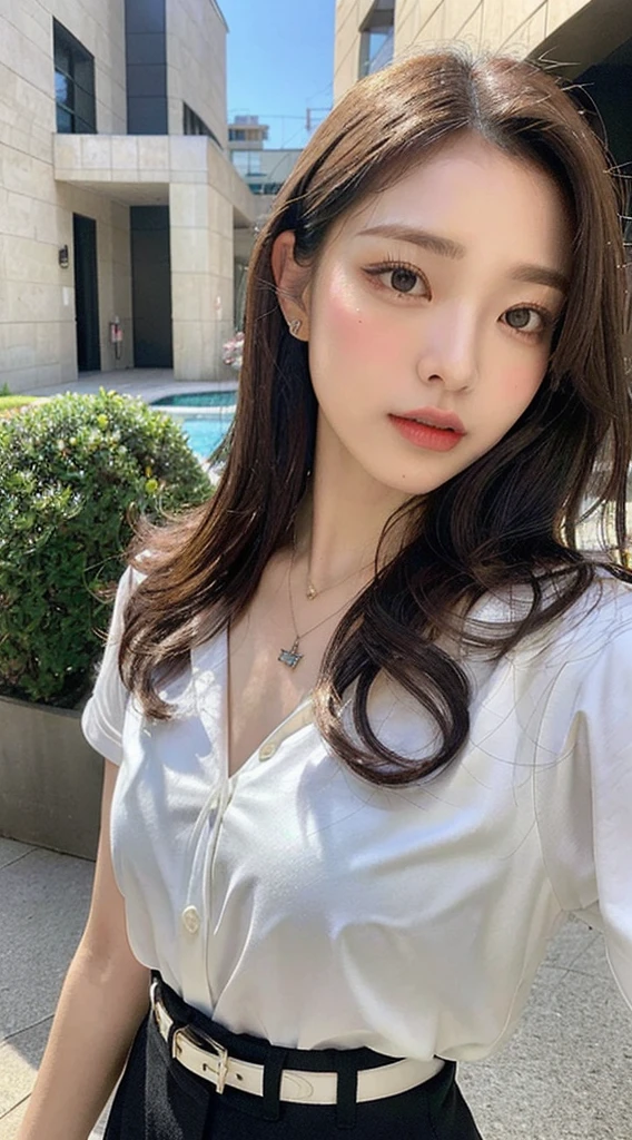 (best quality、Hi-Def、A masterpice:1.3)、Tall and cute woman、Slender abs、Dark brown hair styled in loose waves、chest、Wearing a pendant、White button-up shirt、The shirt shows through the pink bra、a belt、Black skirt、(Modern architecture in background)、Details exquisitely rendered in the face and skin texture、detailed eye、double eyelids