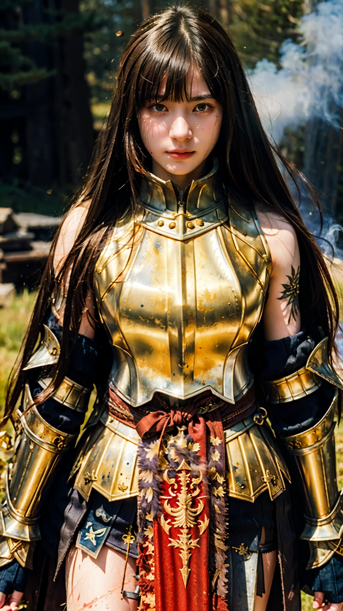 (((Realistic, masterpiece, best quality, crisp detail, high definition, high detail, sharp focus))), ((sleeveless)), ************ girl wearing heavy armor, golden armor, japan style armor, full body armor, decorated armor, long straight hair, dirty, sweating, bloodstained face, bloodstained armor, blood scattered, bloodbath, carnage, long bloodstained sword, in epic war, fire and smoke everywhere, death anywhere